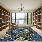 Elegant Navy and Gold Acanthus Damask Rug