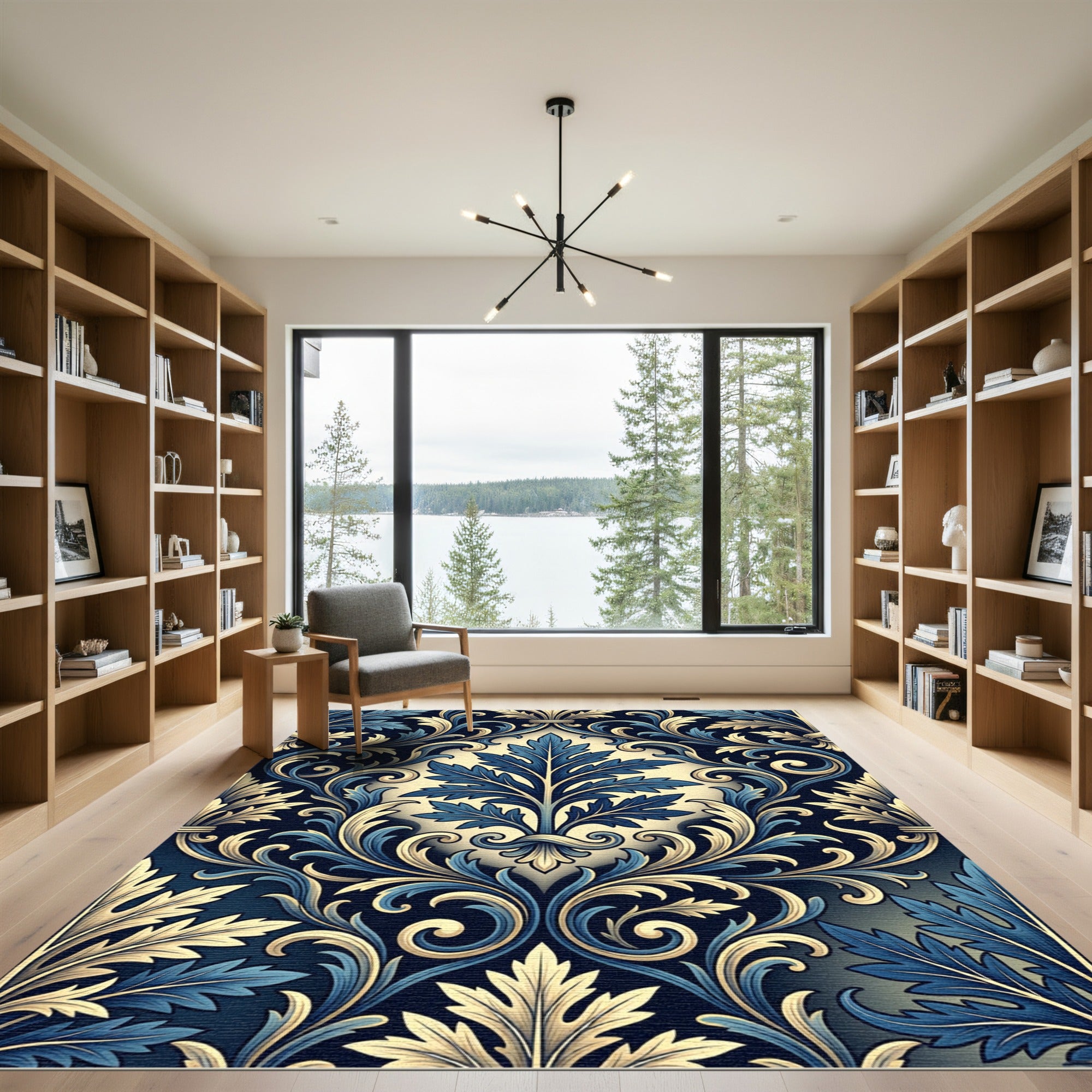 Elegant Navy and Gold Acanthus Damask Rug