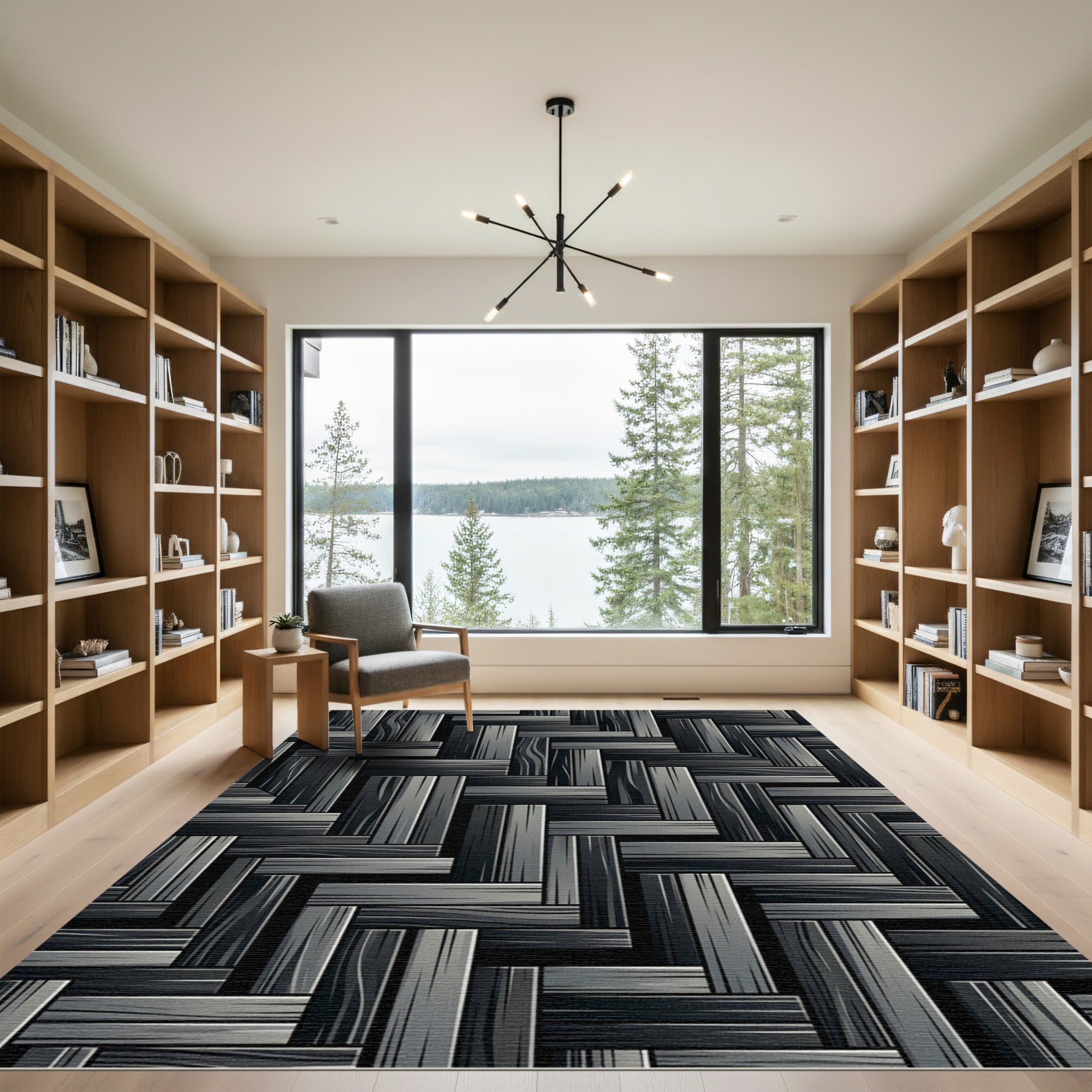 Modern Monochrome Charcoal Interlocking Plank Rug