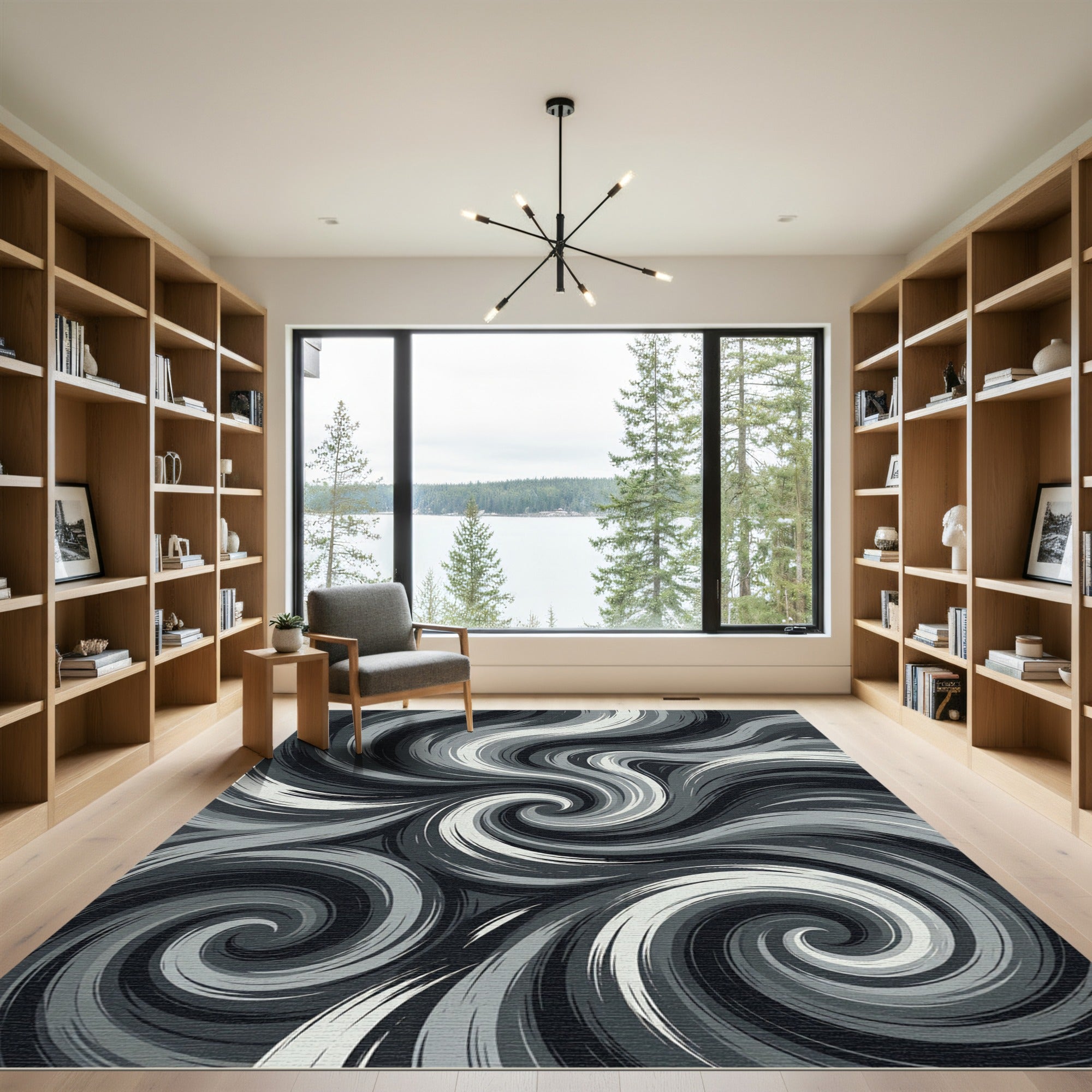 Monochrome Abstract Swirling Wave Art Rug