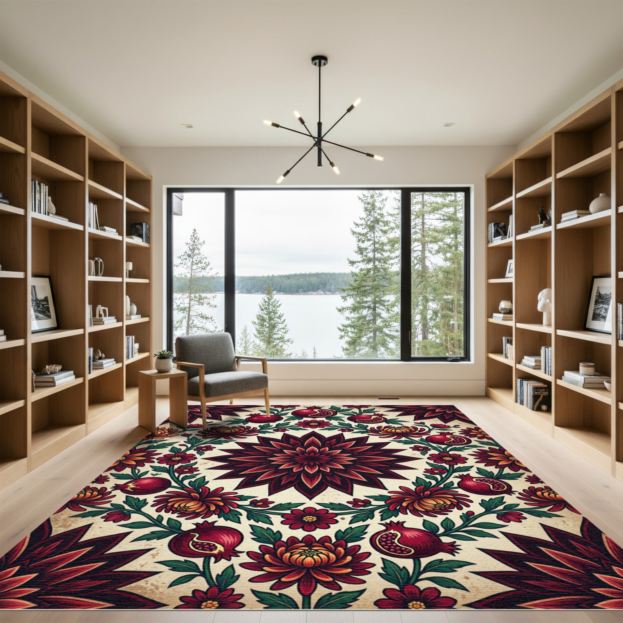 Crimson Pomegranate Chrysanthemum Floral Medallion Rug