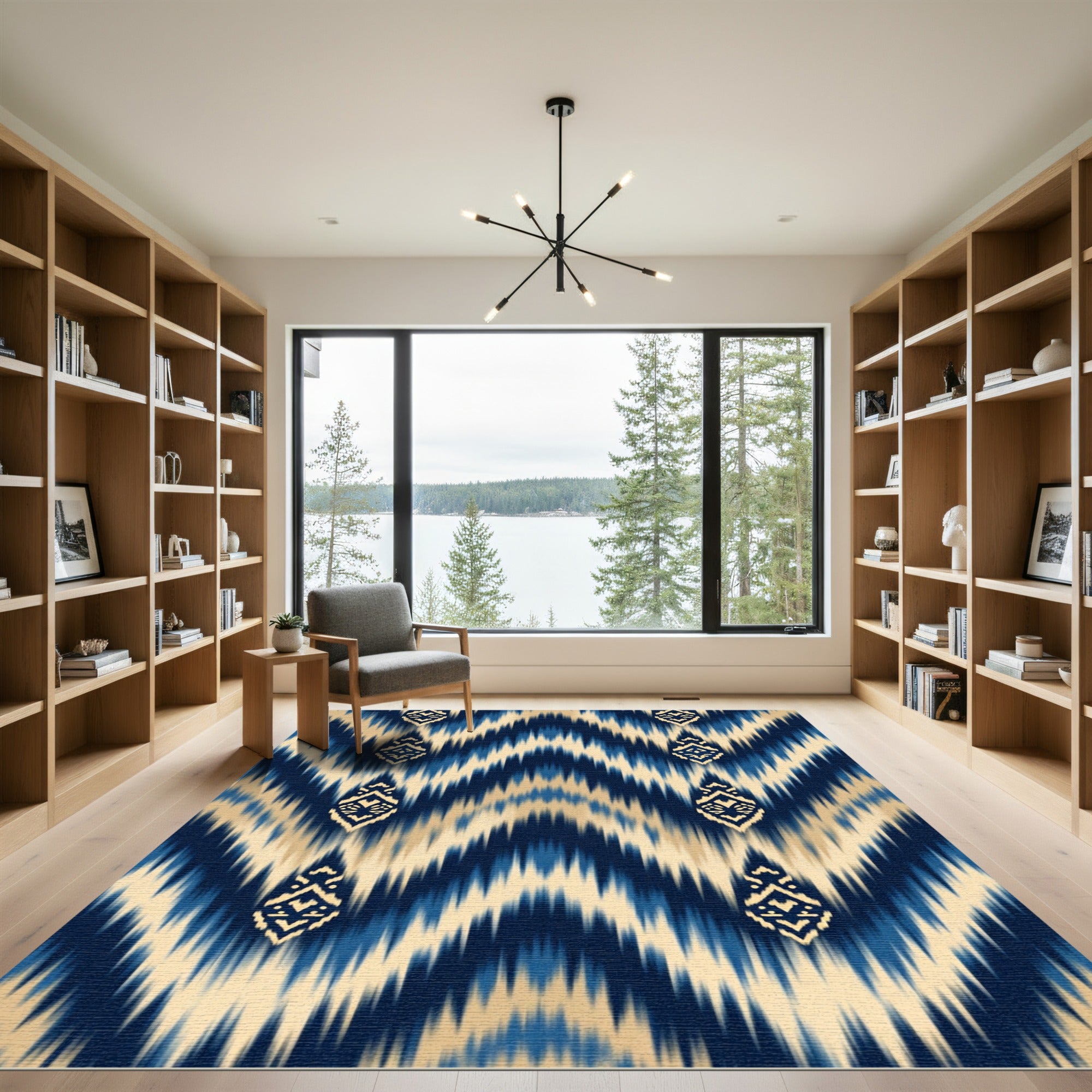 Navy Gold Ikat Chevron Geometric Rug