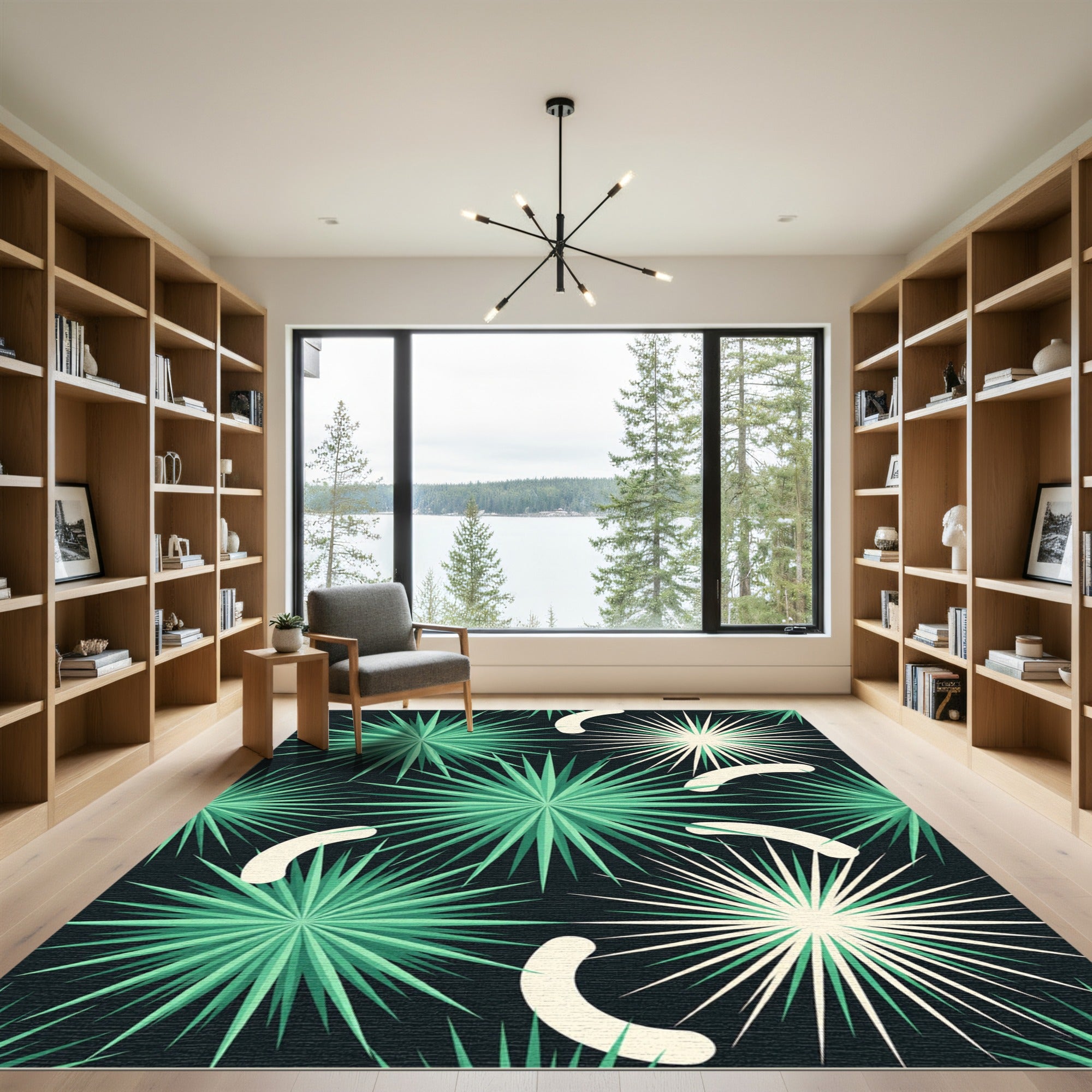 Midcentury Green Starburst Abstract Accent Rug
