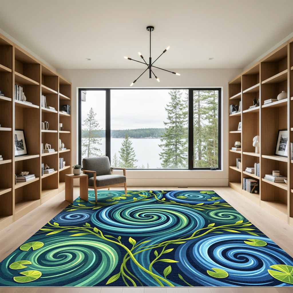 Verdant Aquatic Swirl Water Lily Rug