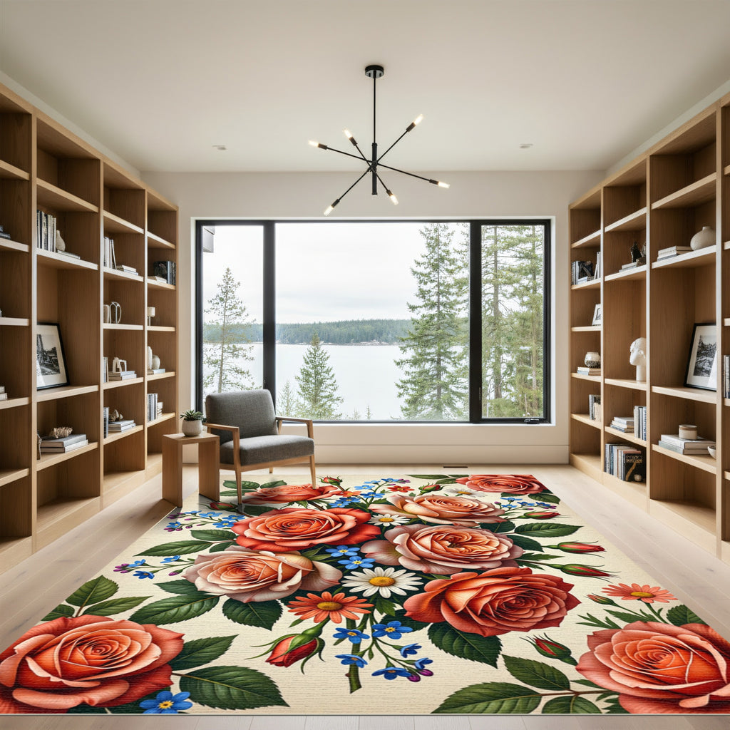 Elegant Coral Rose Bouquet Floral Art Rug