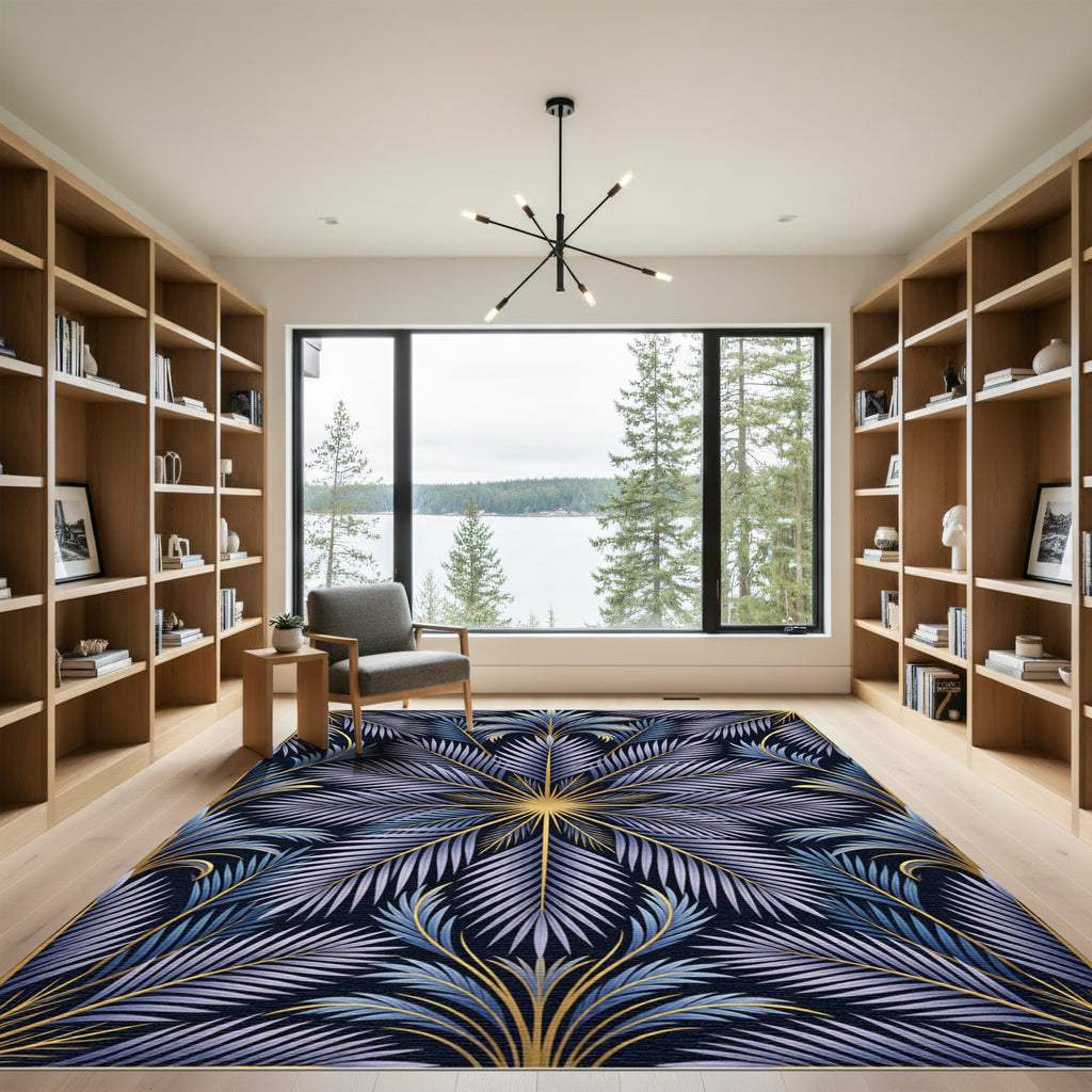 Art Deco Blue Leaf Golden Frame Rug