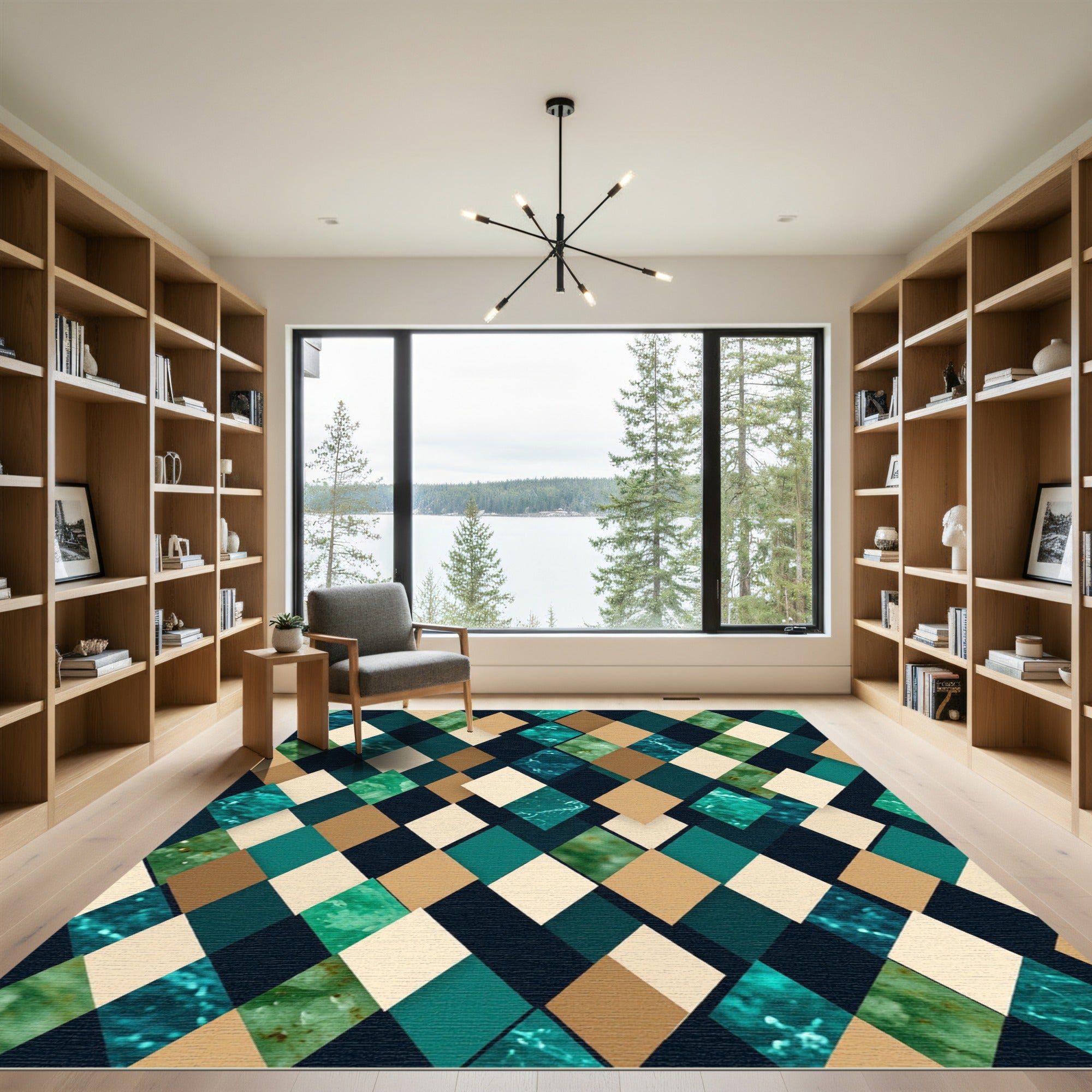 Teal and Gold Geometric Diamond Argyle Rug