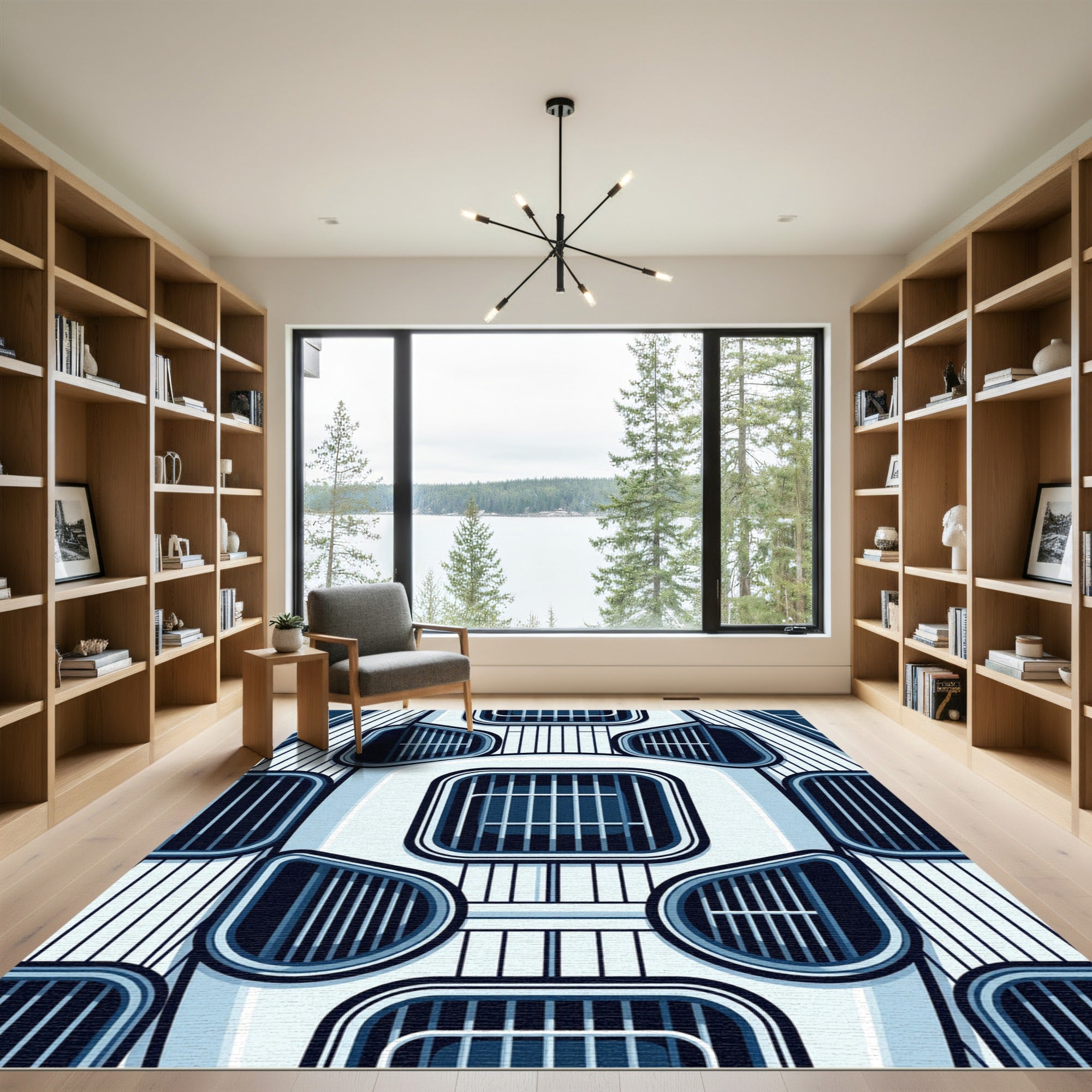 Modern Cobalt Geometric Architectural Grille Rug