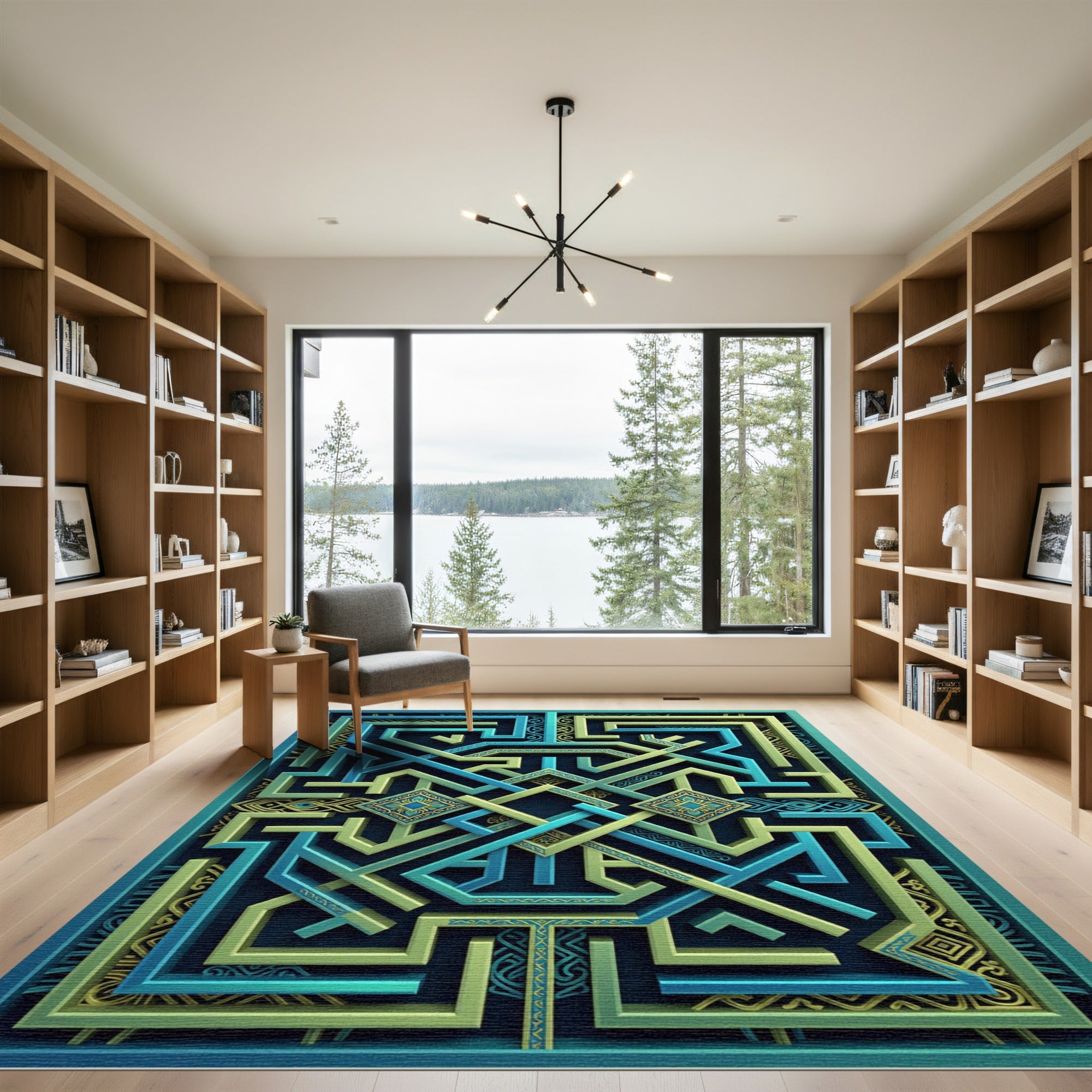Geometric Teal and Lime Labyrinth Rug