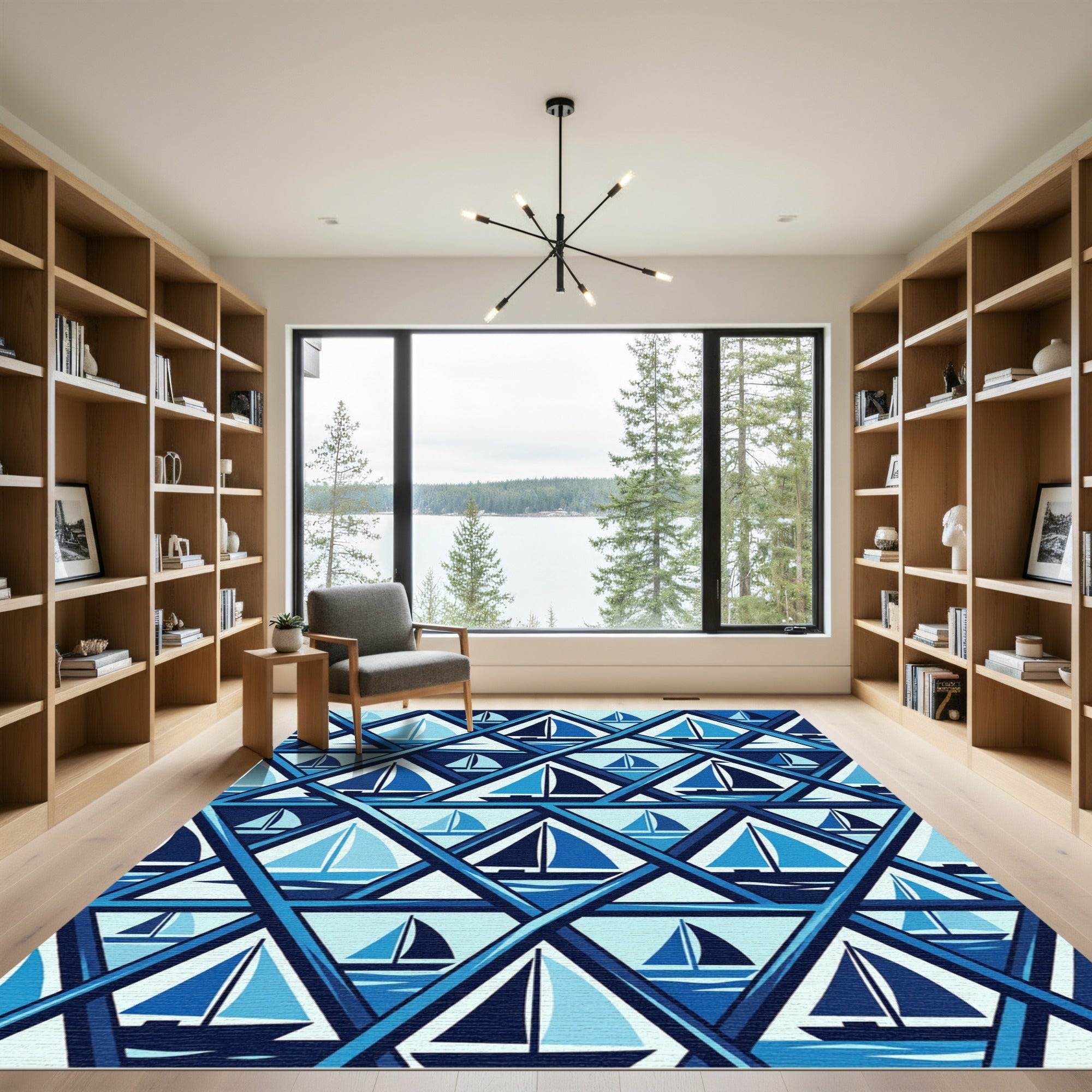 Geometric Blue Sailboat Triangle Tile Rug