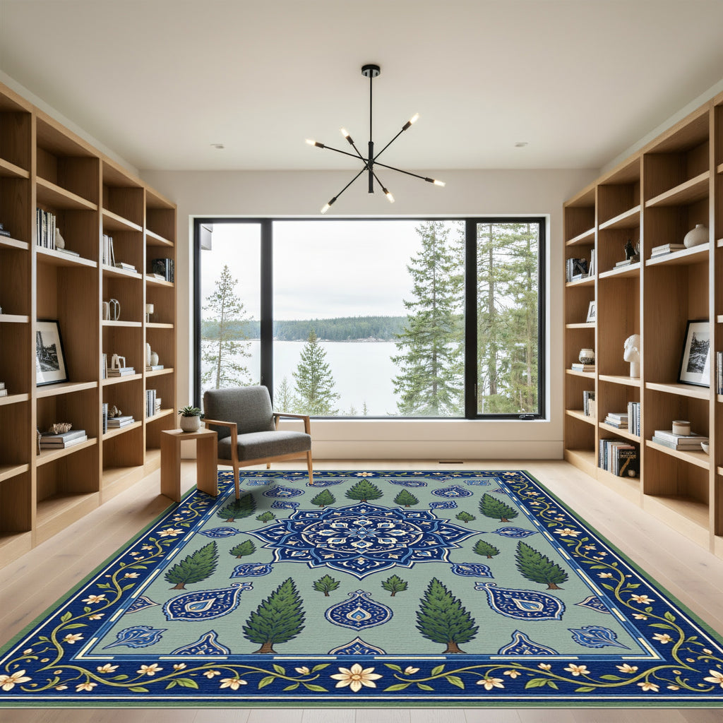Serene Blue Cypress Tree Garden Medallion Rug