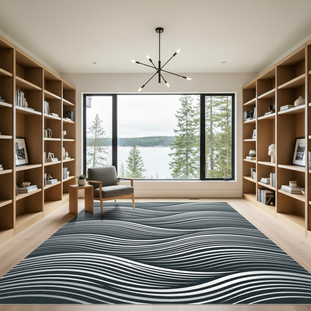 Modern Gray White Flowing Waves Rug