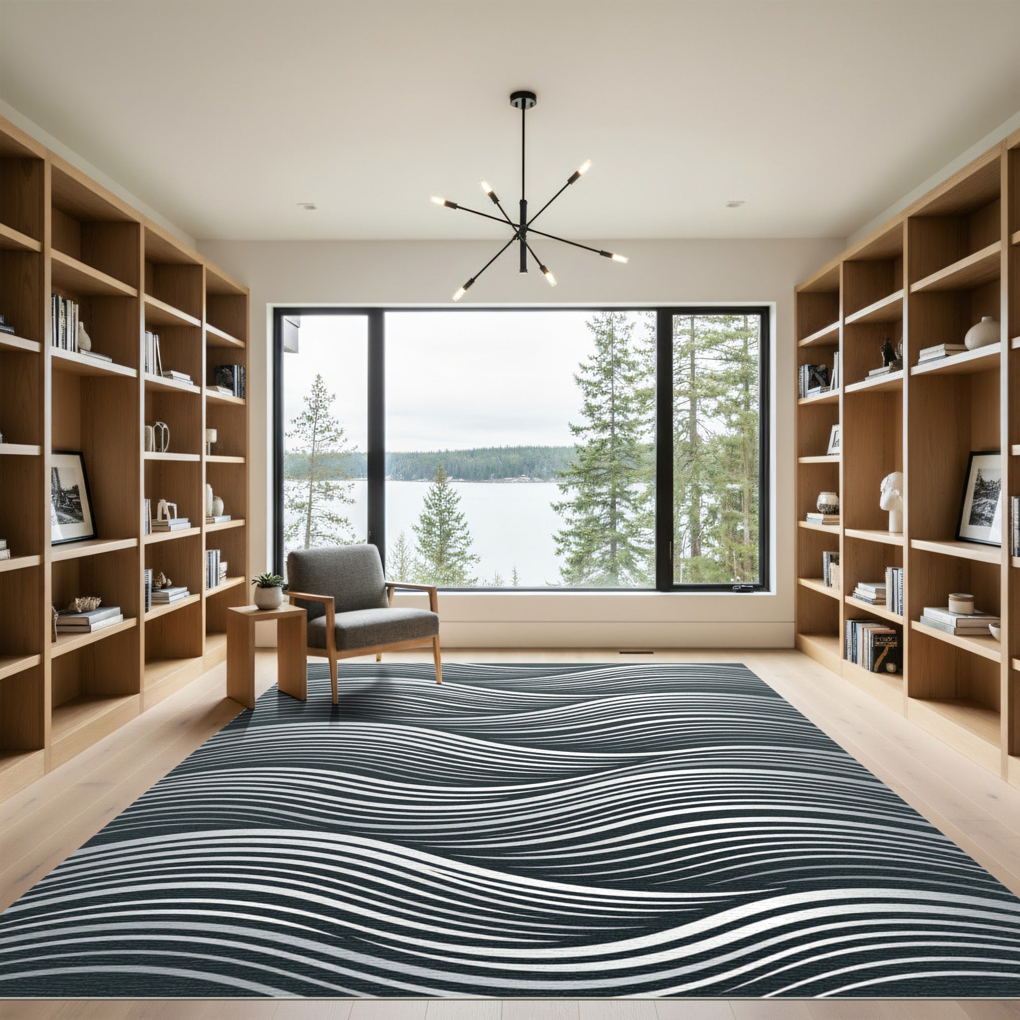 Modern Gray White Flowing Waves Rug