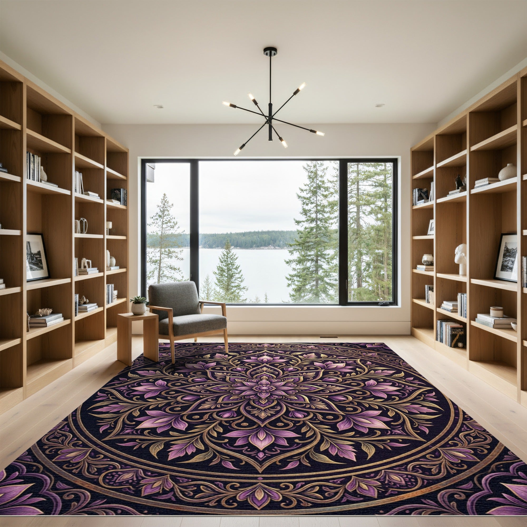 Ornate Purple Gold Floral Mandala Rug