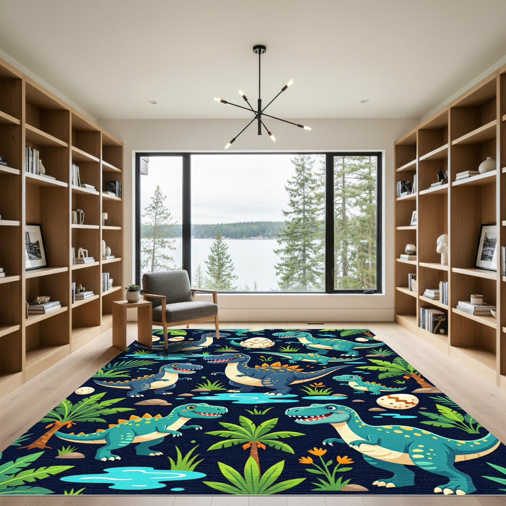 Playful Teal Dinosaur Jungle Habitat Rug