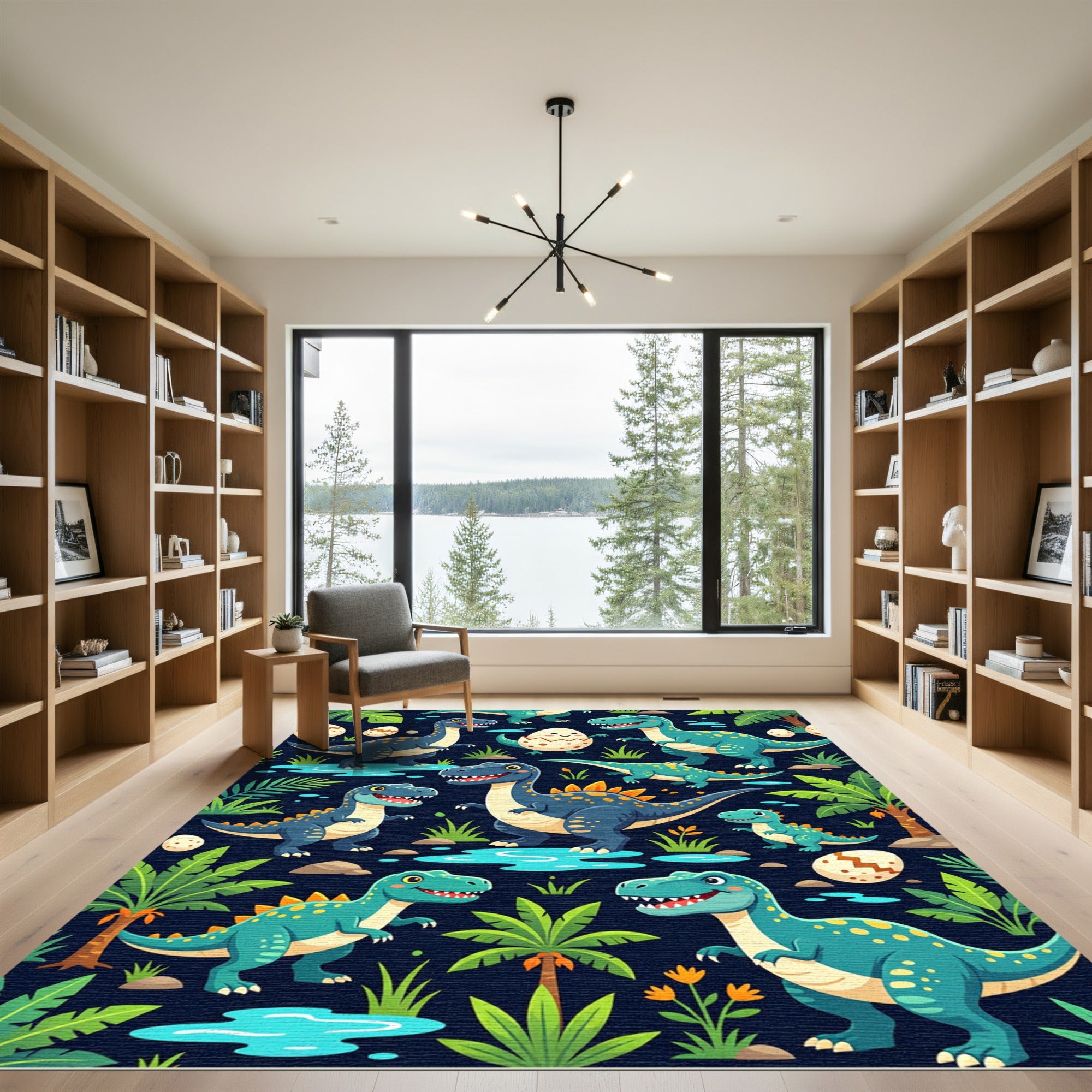 Playful Teal Dinosaur Jungle Habitat Rug