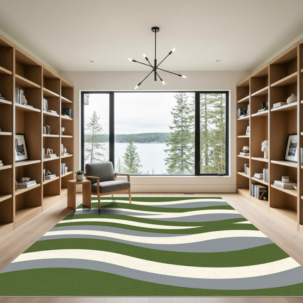 Modern Olive and Sage Wavy Stripe Rug