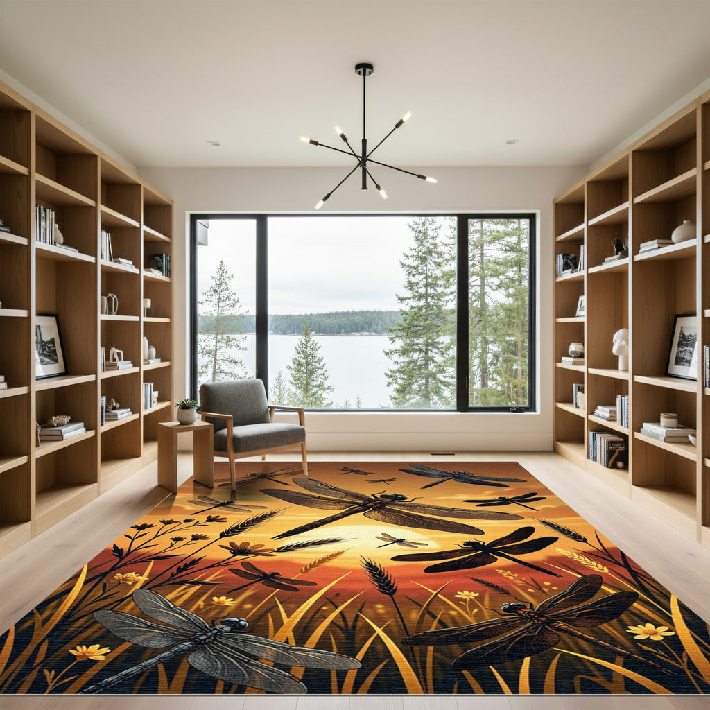 Golden Sunset Dragonfly Meadow Landscape Rug