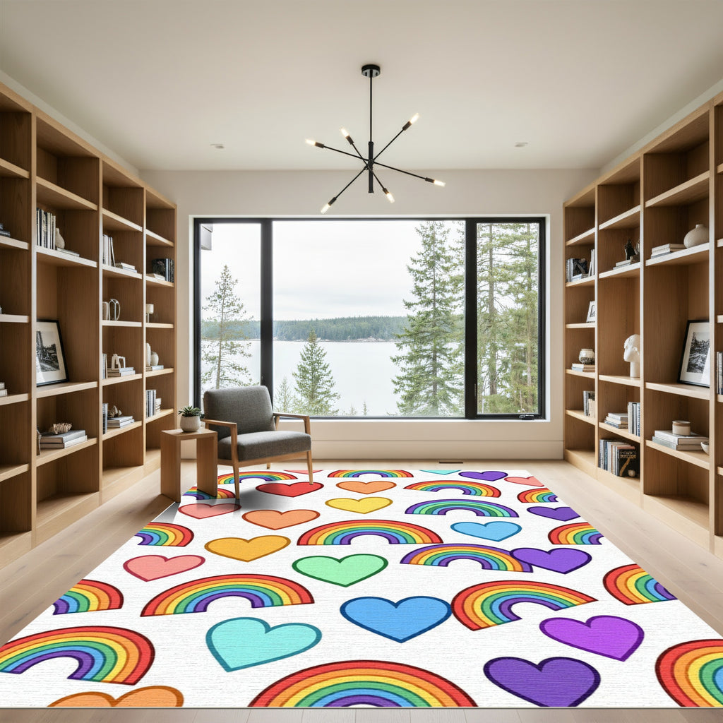 Colorful Rainbow and Heart Joyful Art Rug