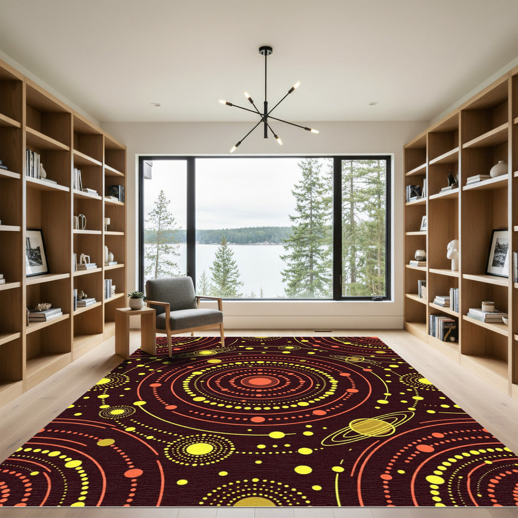 Cosmic Yellow Orange Orbit Circles Rug