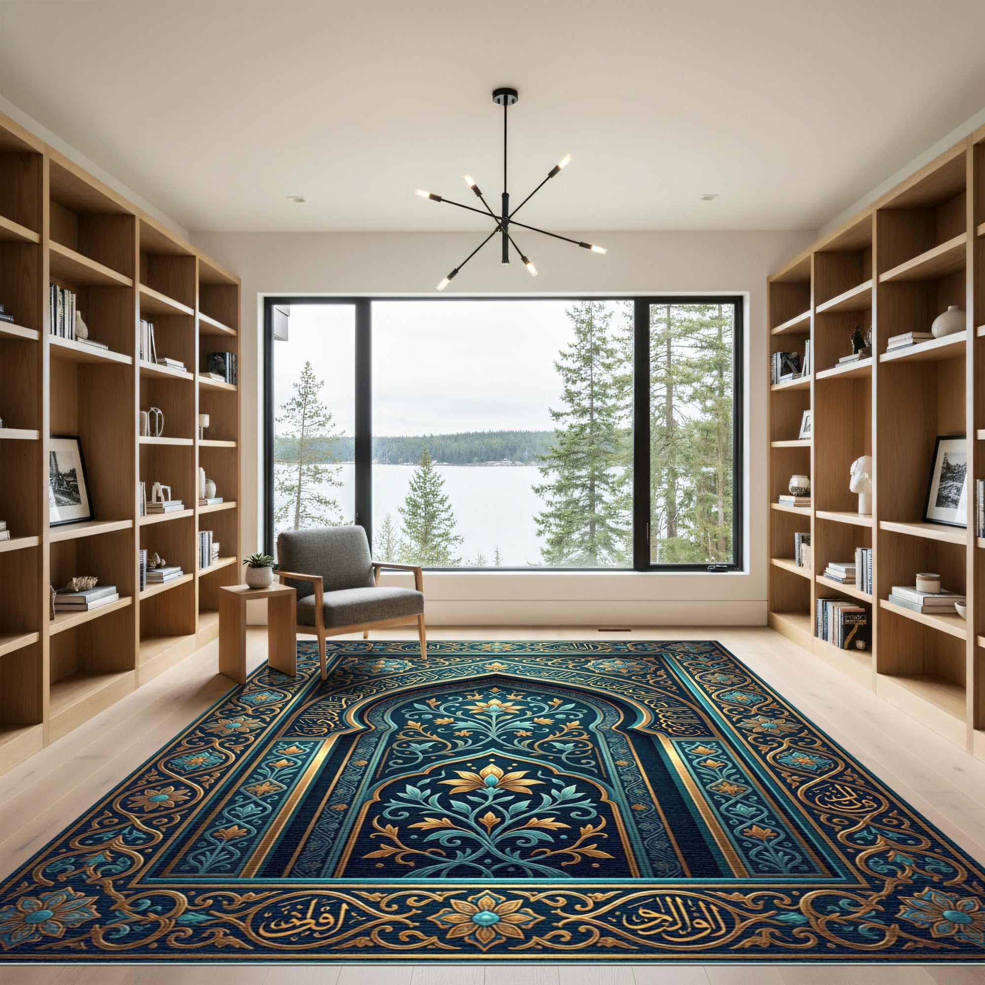 Ornate Teal Gold Floral Arch Tapestry Rug