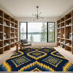 Navy Blue Yellow Ikat Diamond Rug