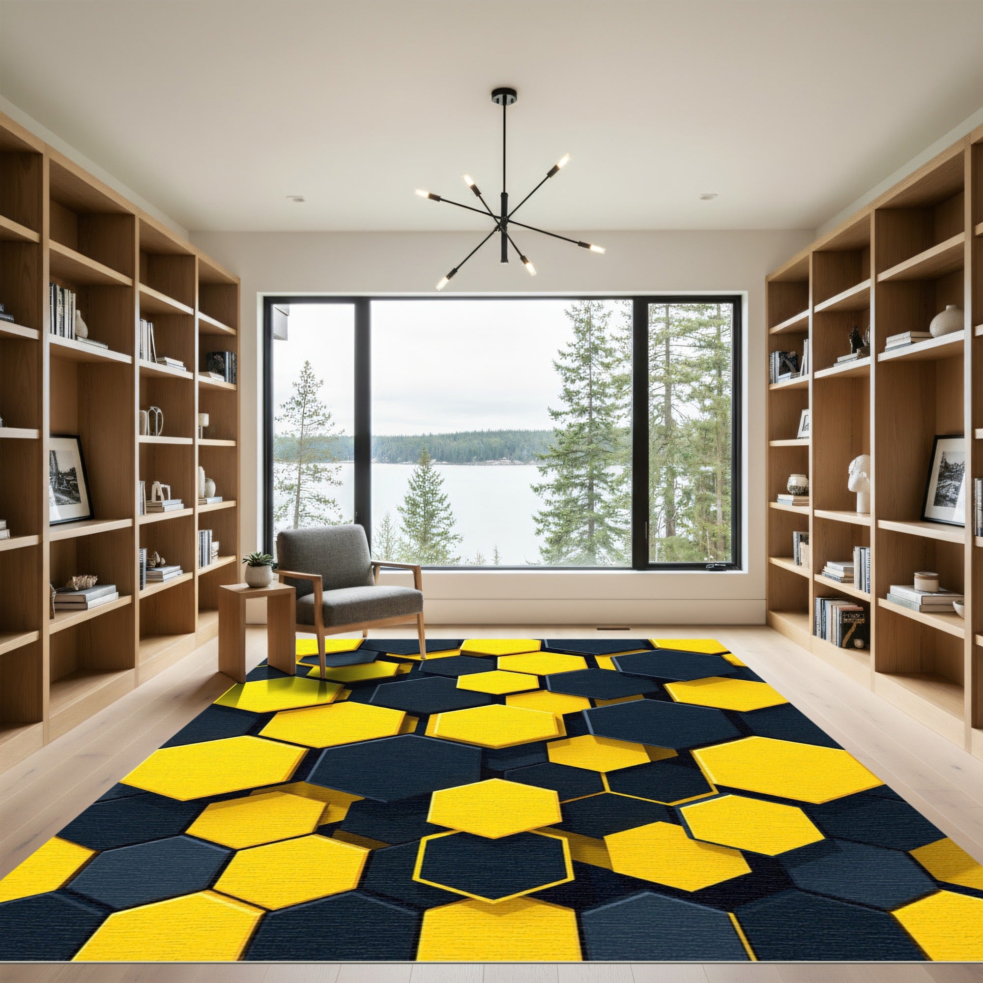 Modern Yellow and Charcoal Geometric Hexagon Rug