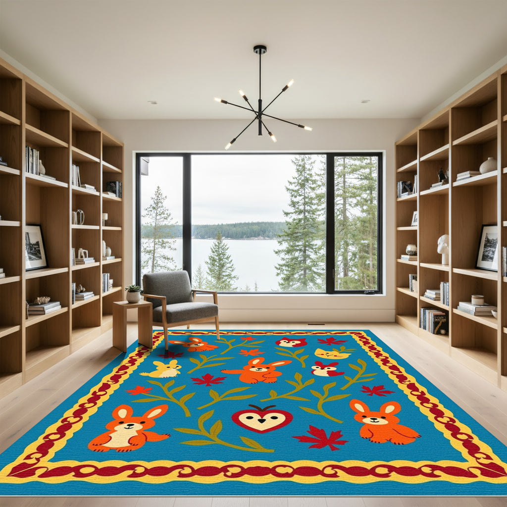 Whimsical Blue Autumn Woodland Critters Rug