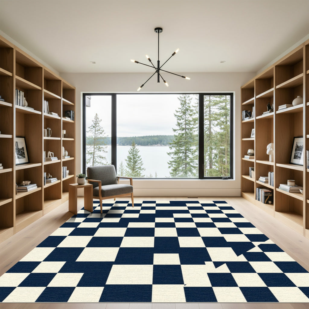 Modern Navy and Cream Checkered Geometric Rug