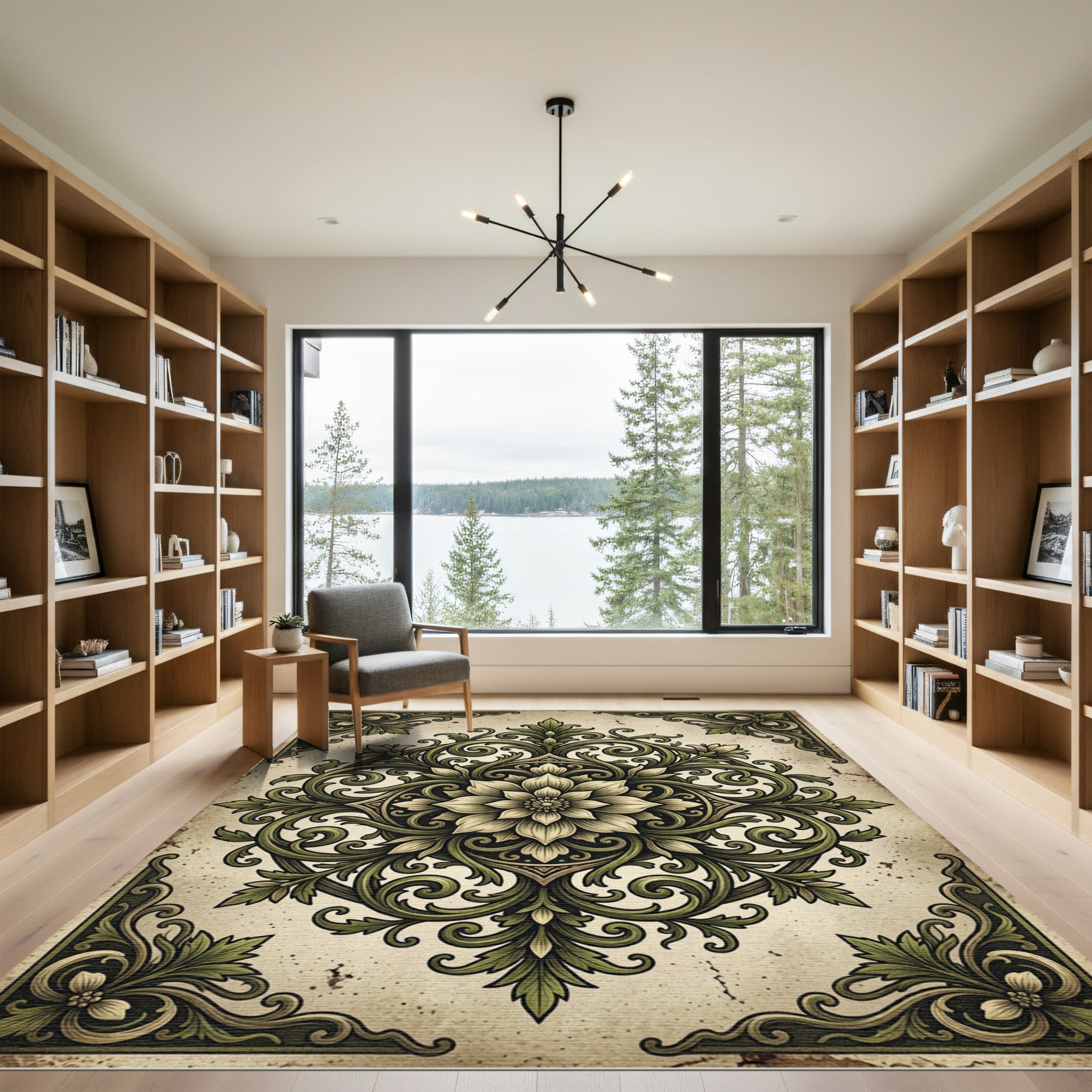 Elegant Sage Green Scrollwork Floral Medallion Rug