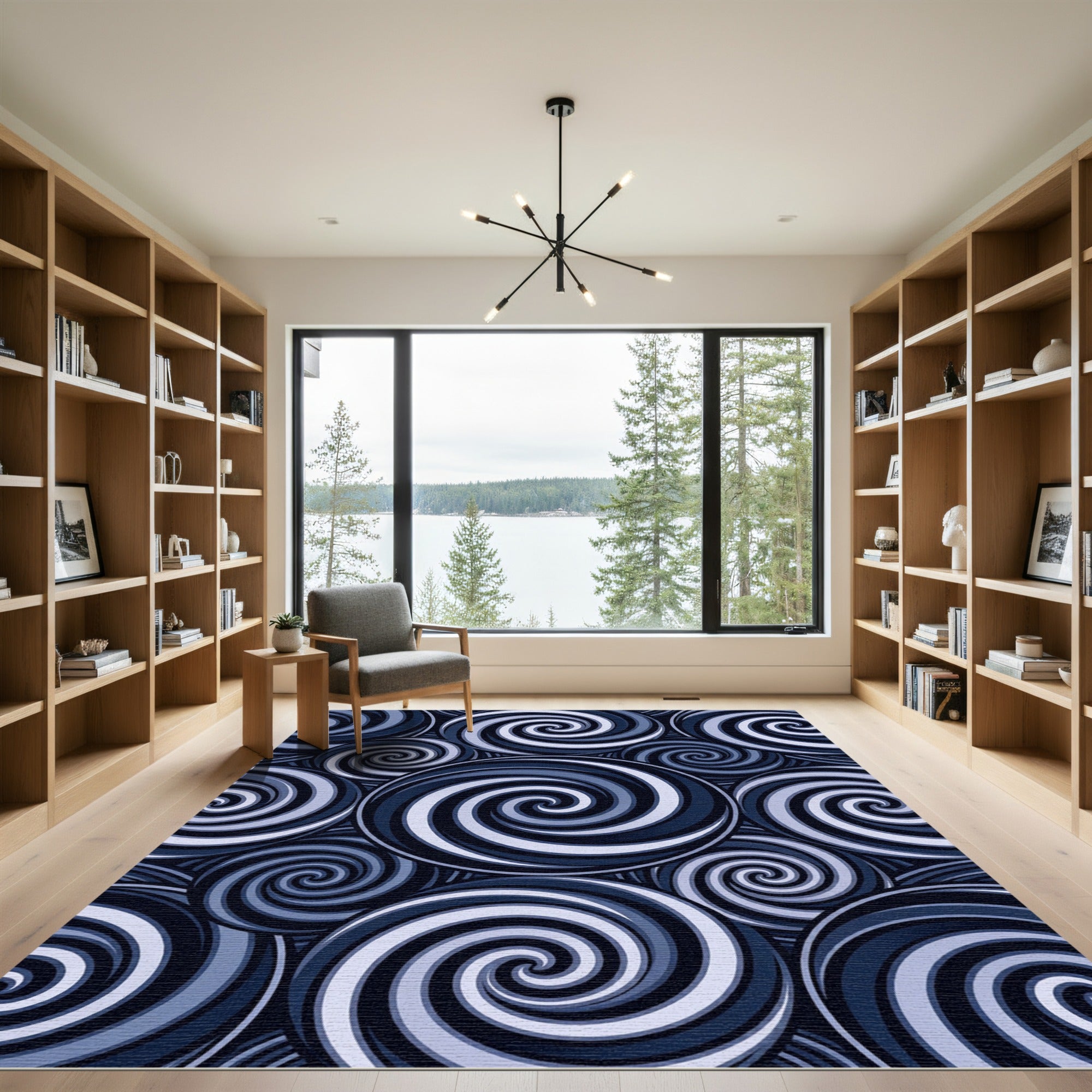 Navy Blue Abstract Optical Swirl Rug