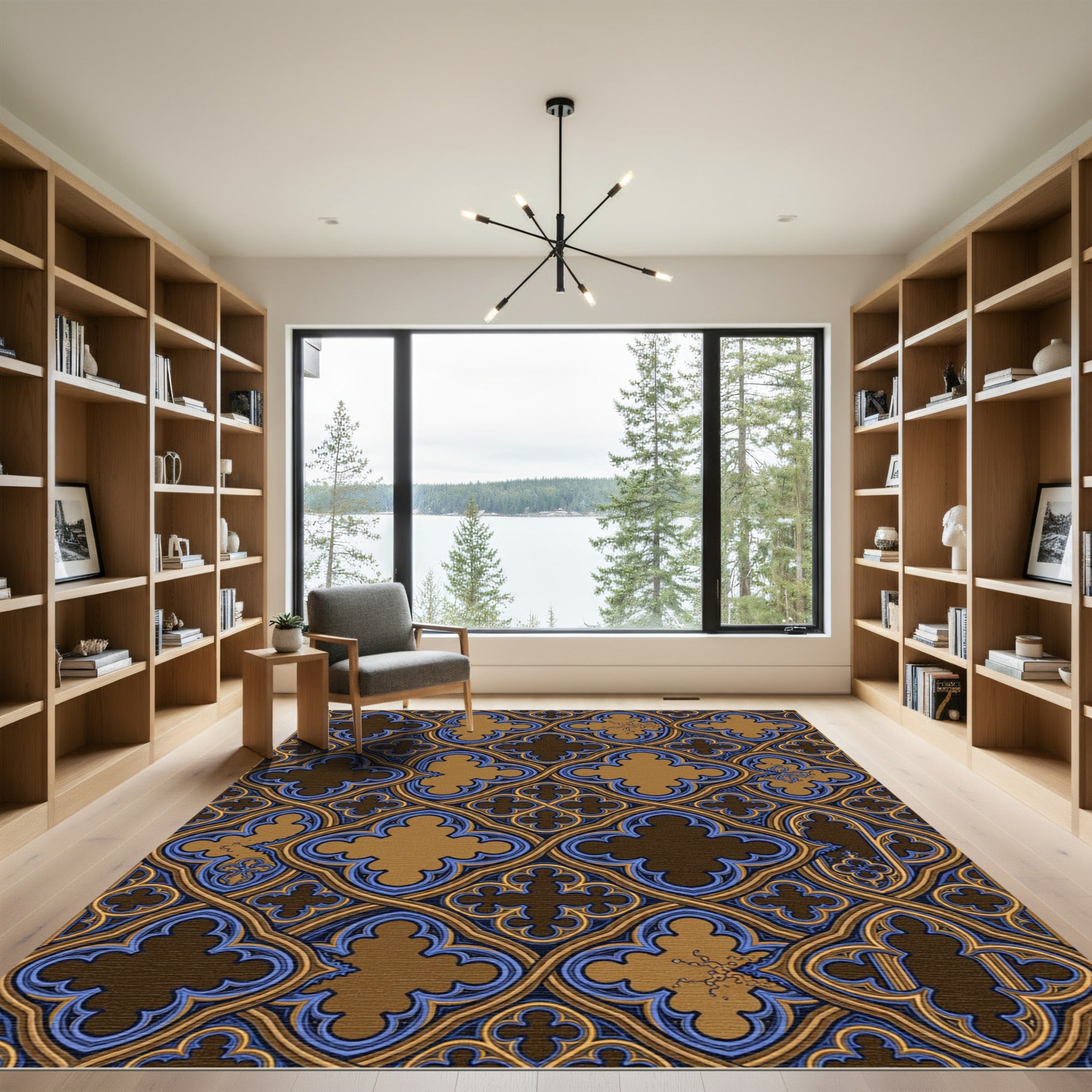 Gothic Blue and Gold Quatrefoil Lattice Rug