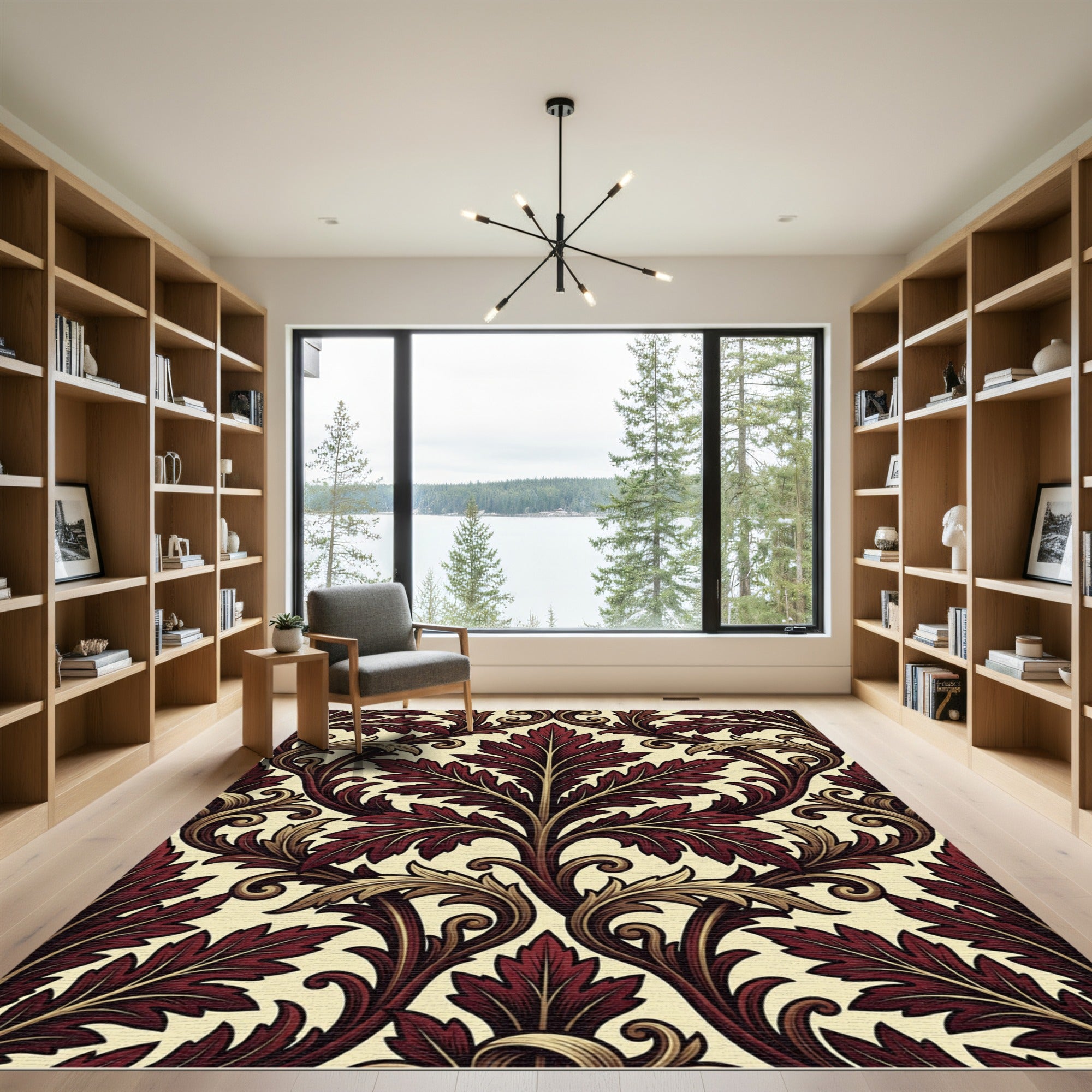 Ornate Burgundy Leaf Scrollwork Rug