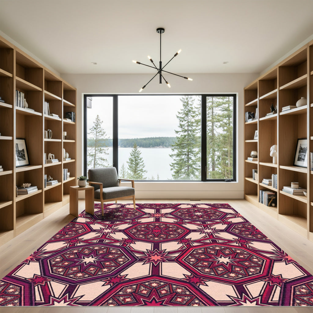 Crimson Geometric Starburst Medallion Rug