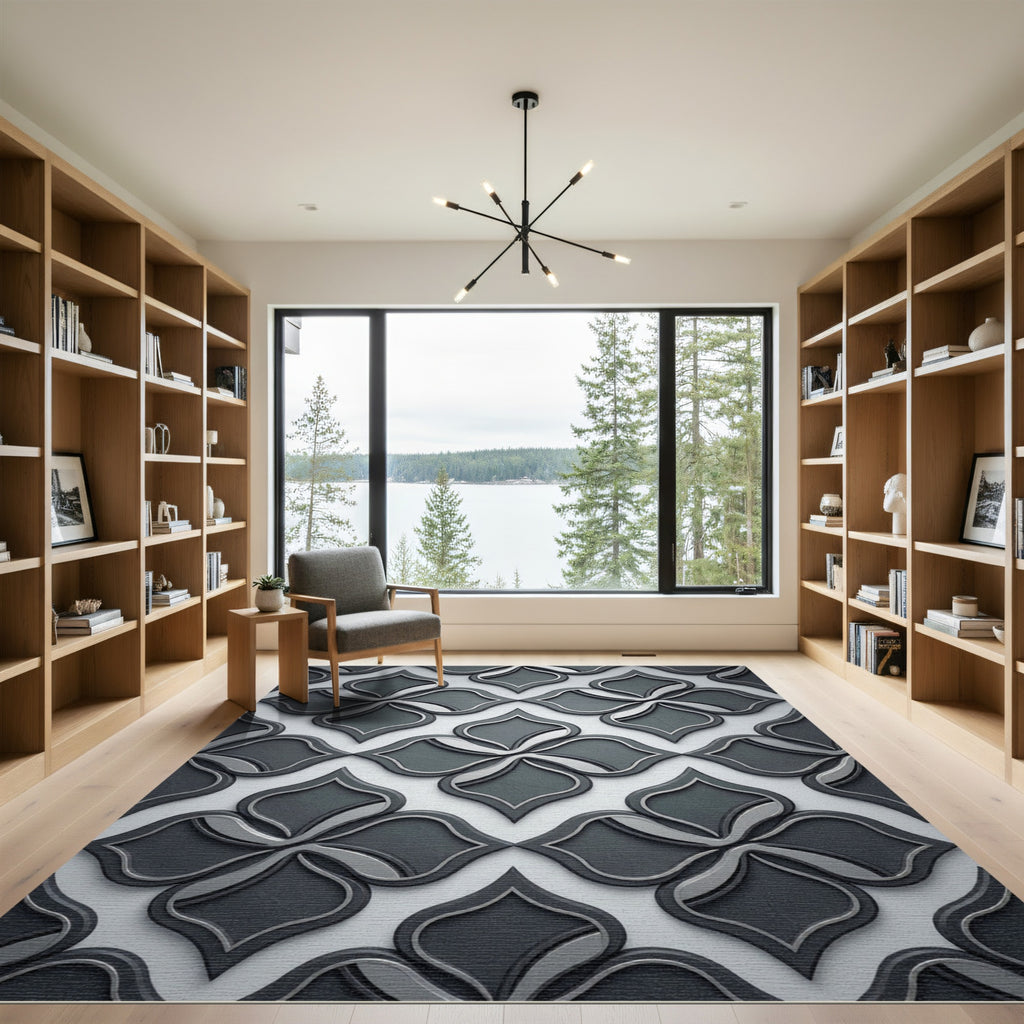 Sophisticated Charcoal Black Interlocking Quatrefoil Rug