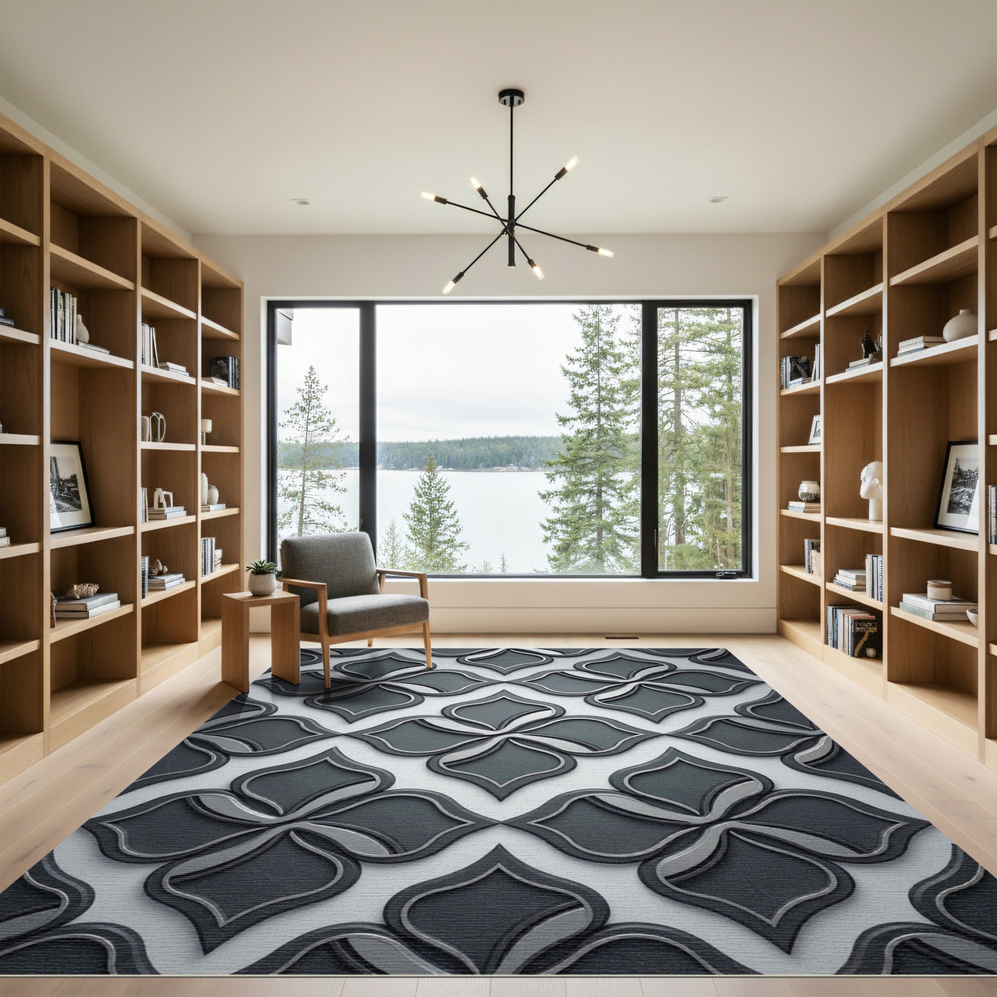 Sophisticated Charcoal Black Interlocking Quatrefoil Rug