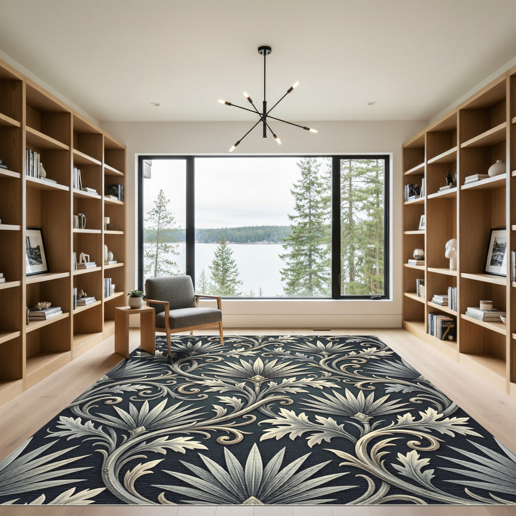 Sophisticated Charcoal Gray Ornate Fan Scroll Rug