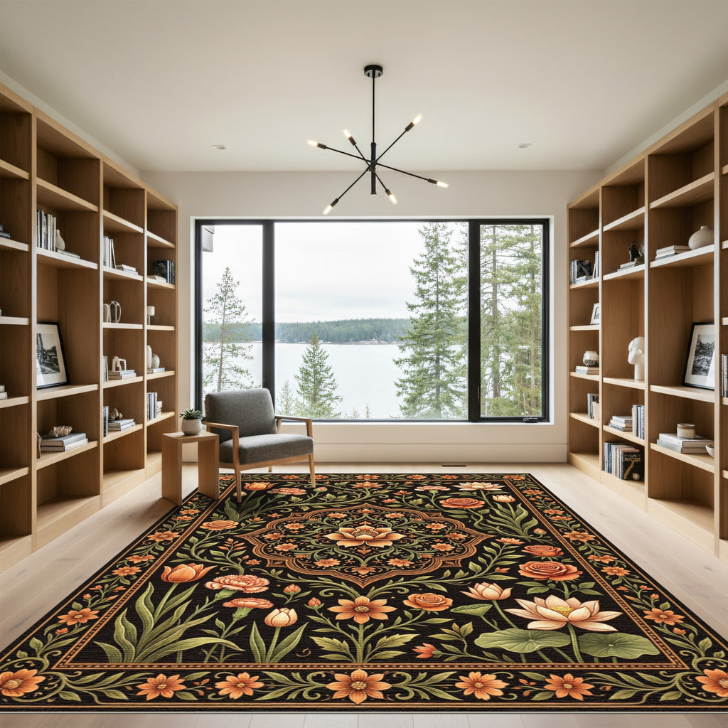 Opulent Black Floral Medallion Garden Rug