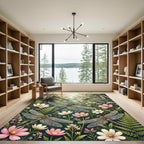 Whimsical Dragonfly and Delicate Floral Meadow Rug