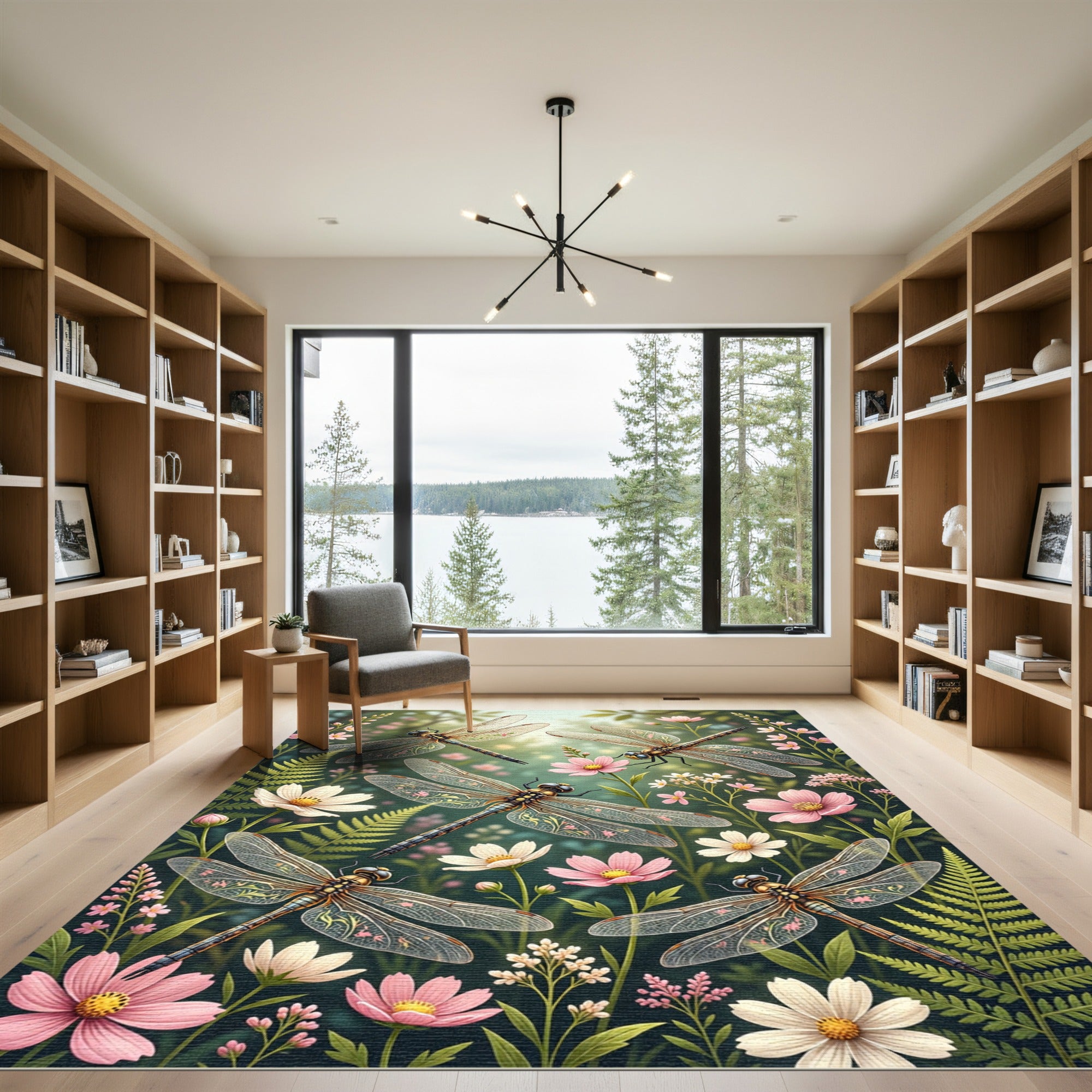 Whimsical Dragonfly and Delicate Floral Meadow Rug