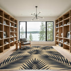 Dark Charcoal Palm Leaves on Beige Rug
