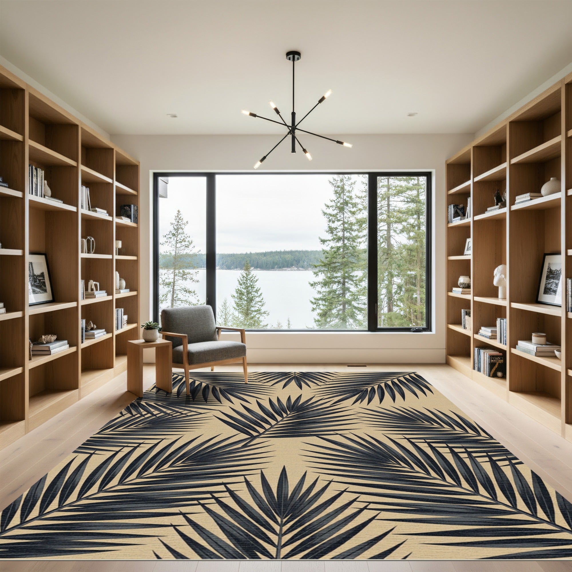 Dark Charcoal Palm Leaves on Beige Rug