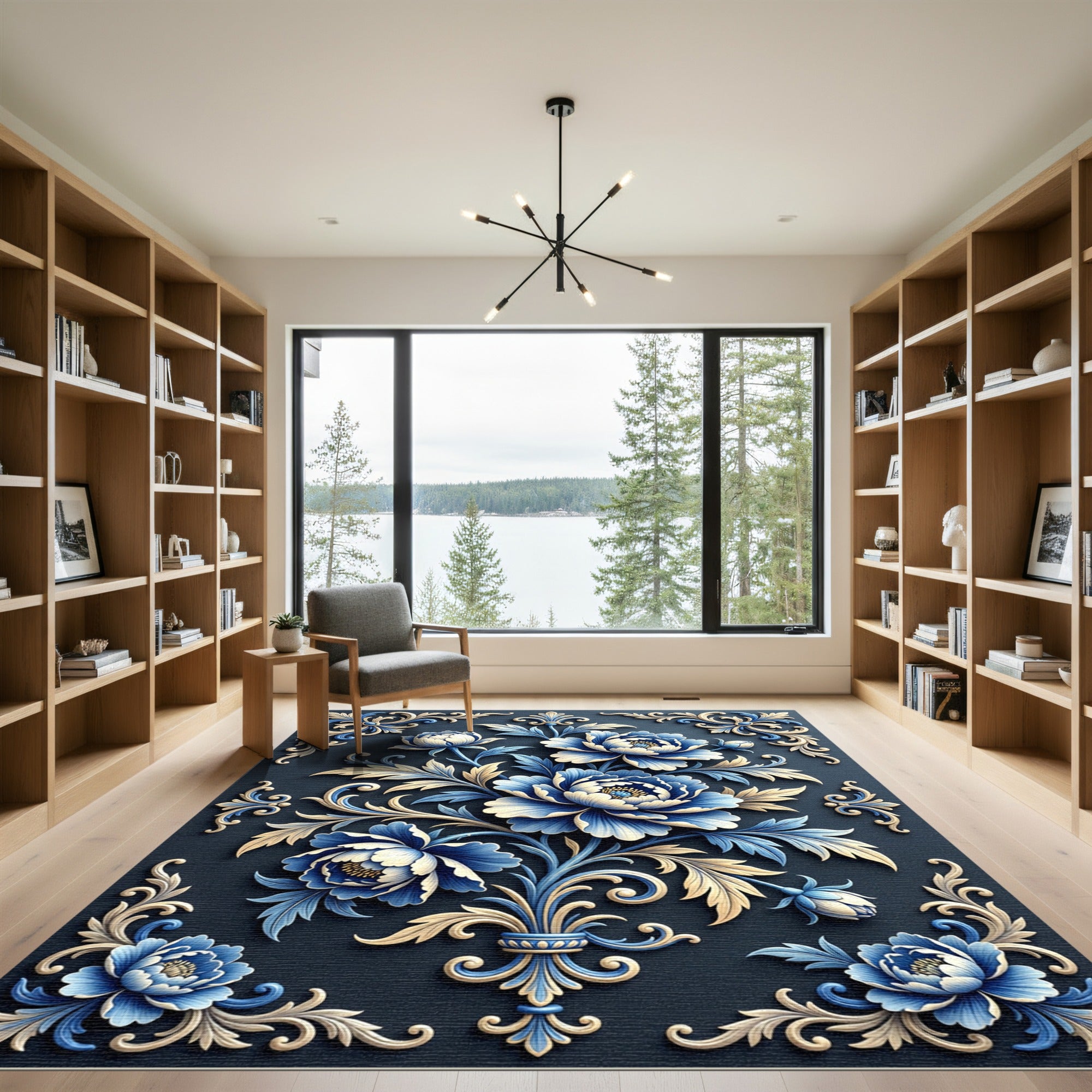 Elegant Blue and Cream Floral Scroll Rug
