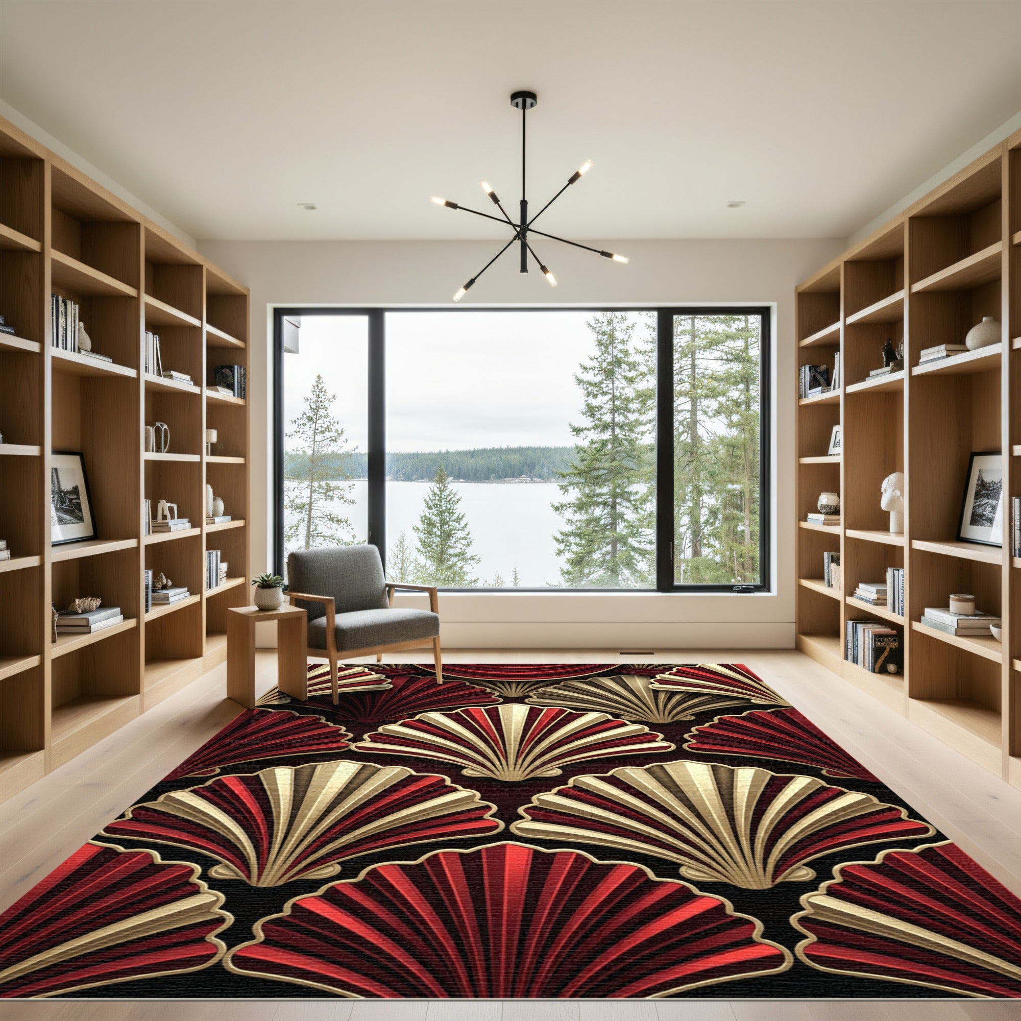 Art Deco Crimson and Gold Fan Rug