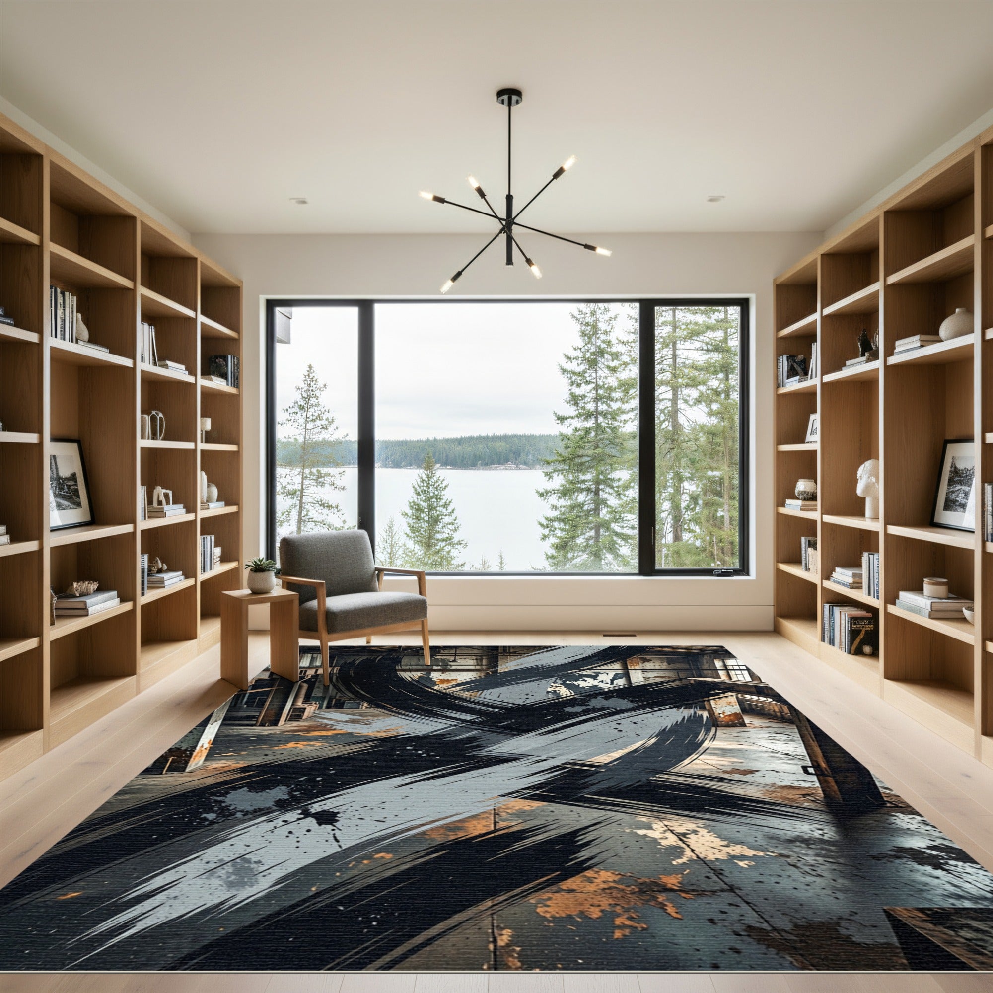 Contemporary Charcoal Gray Ink Brush Stroke Rug