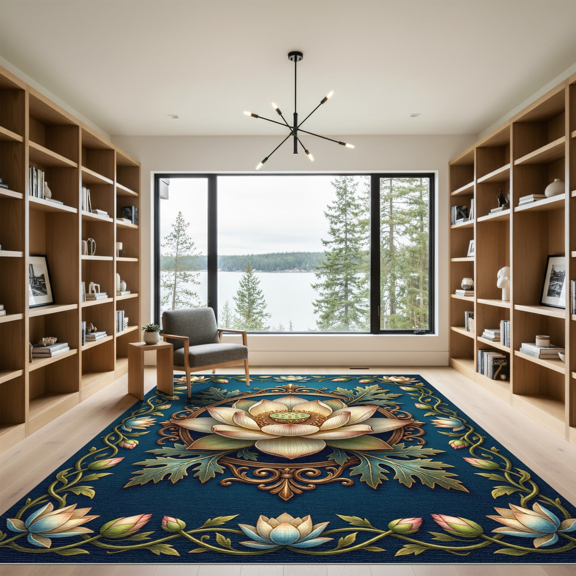 Elegant Golden Lotus Teal Frame Rug