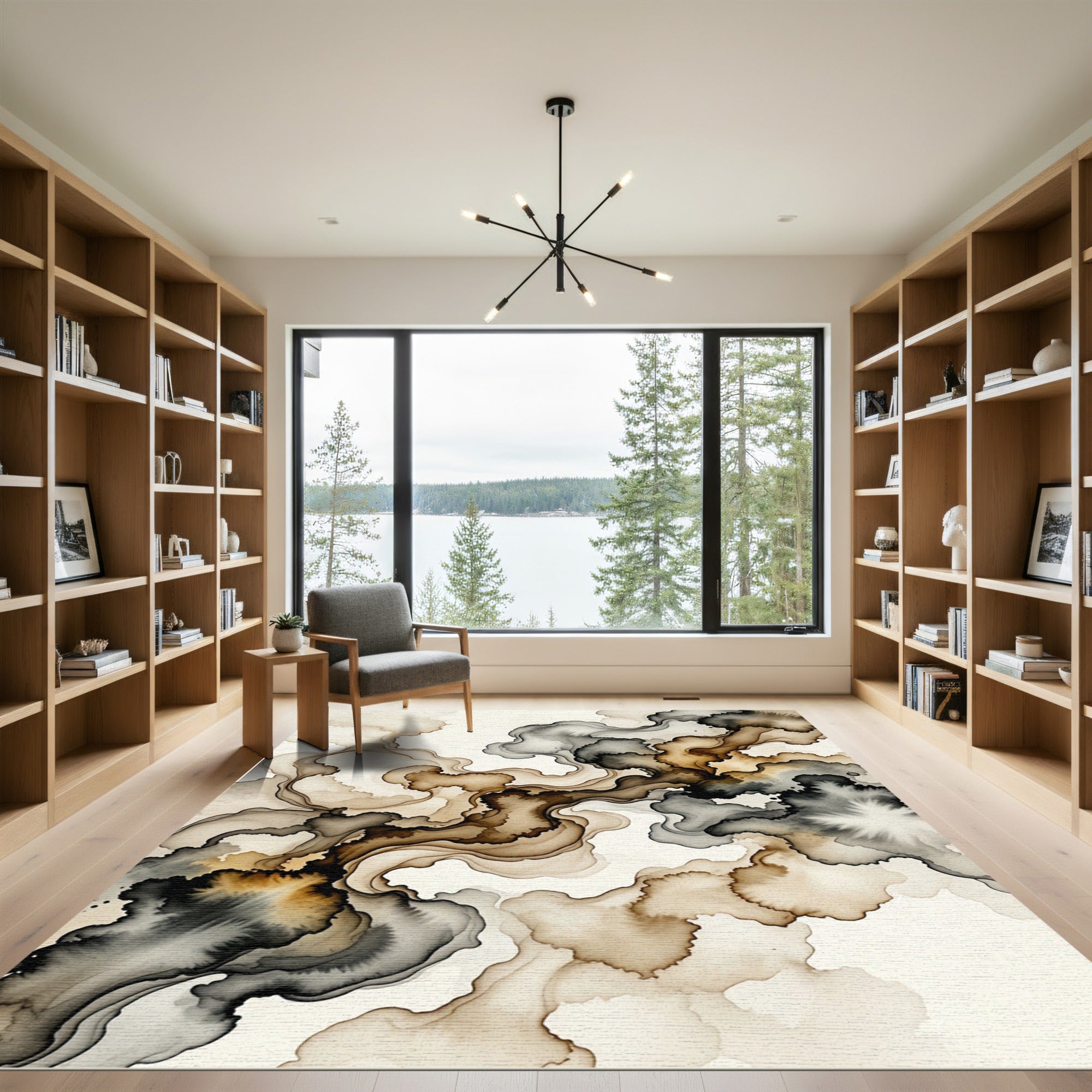 Earthy Brown Ink Wash Waves Rug