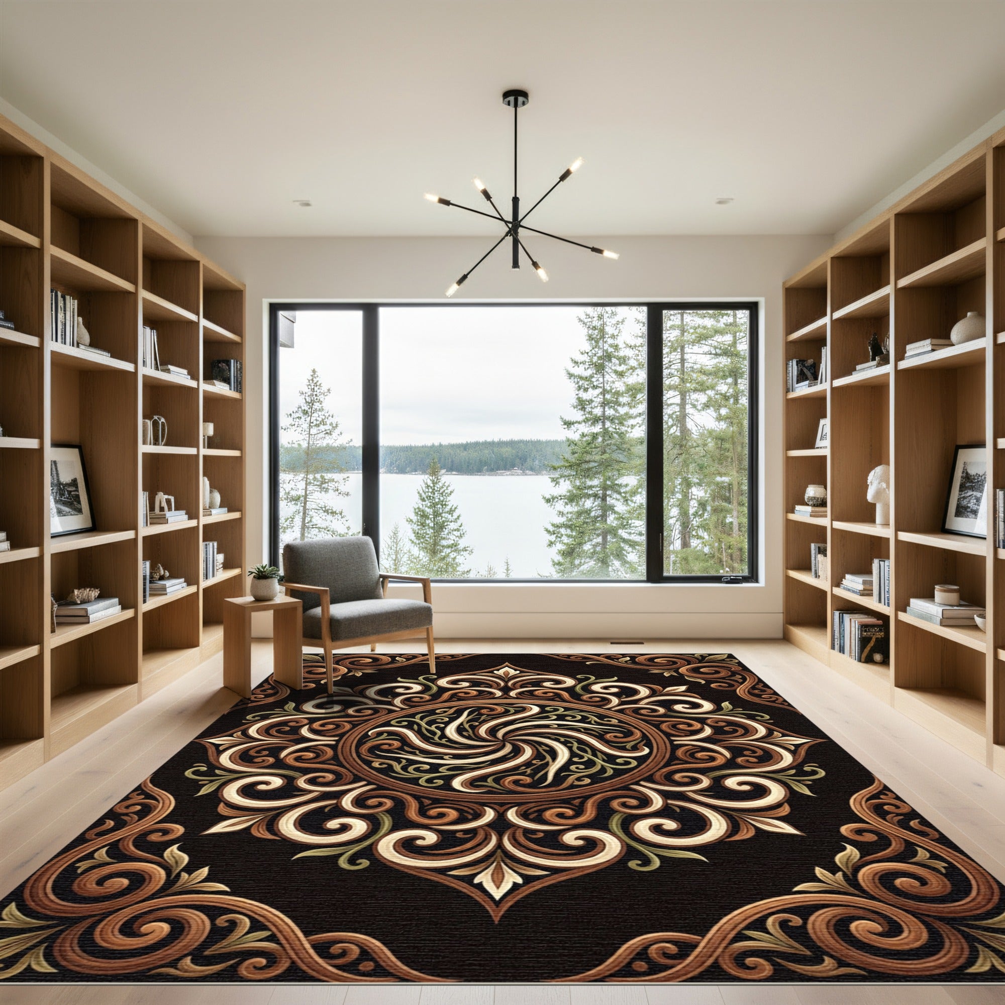 Elegant Fawn Swirl Floral Mandala Rug