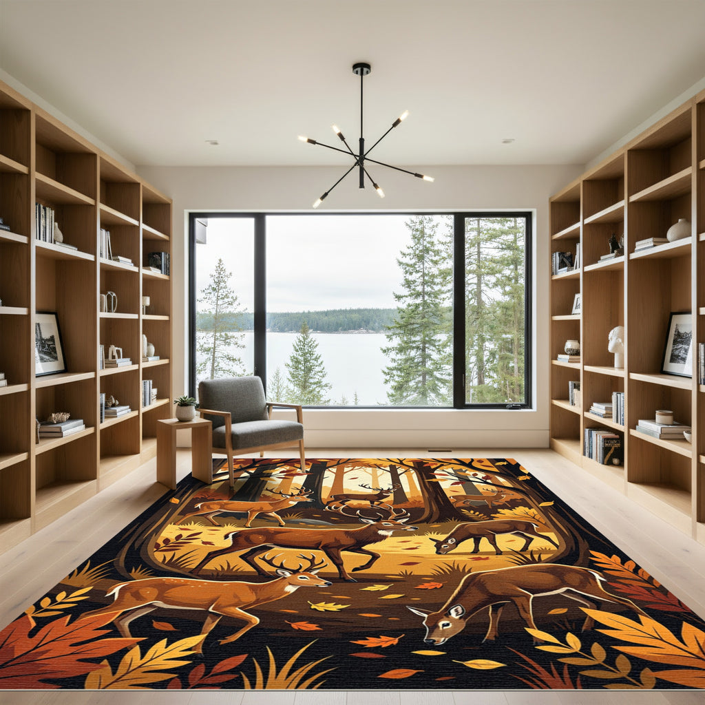 Golden Autumn Forest Deer Scene Rug
