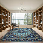 Ornate Azure Floral Medallion Scroll Rug